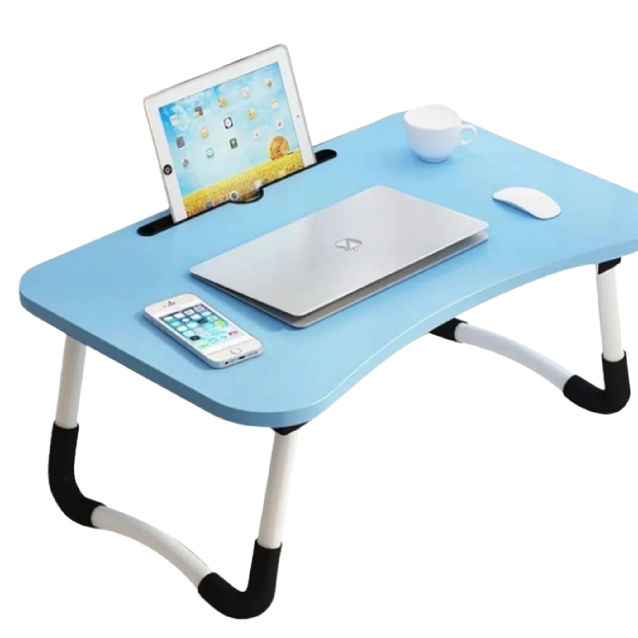 Table de lit pliante bleue, idéale comme support pour ordinateur portable, tablette et smartphone, disponible en Tunisie.