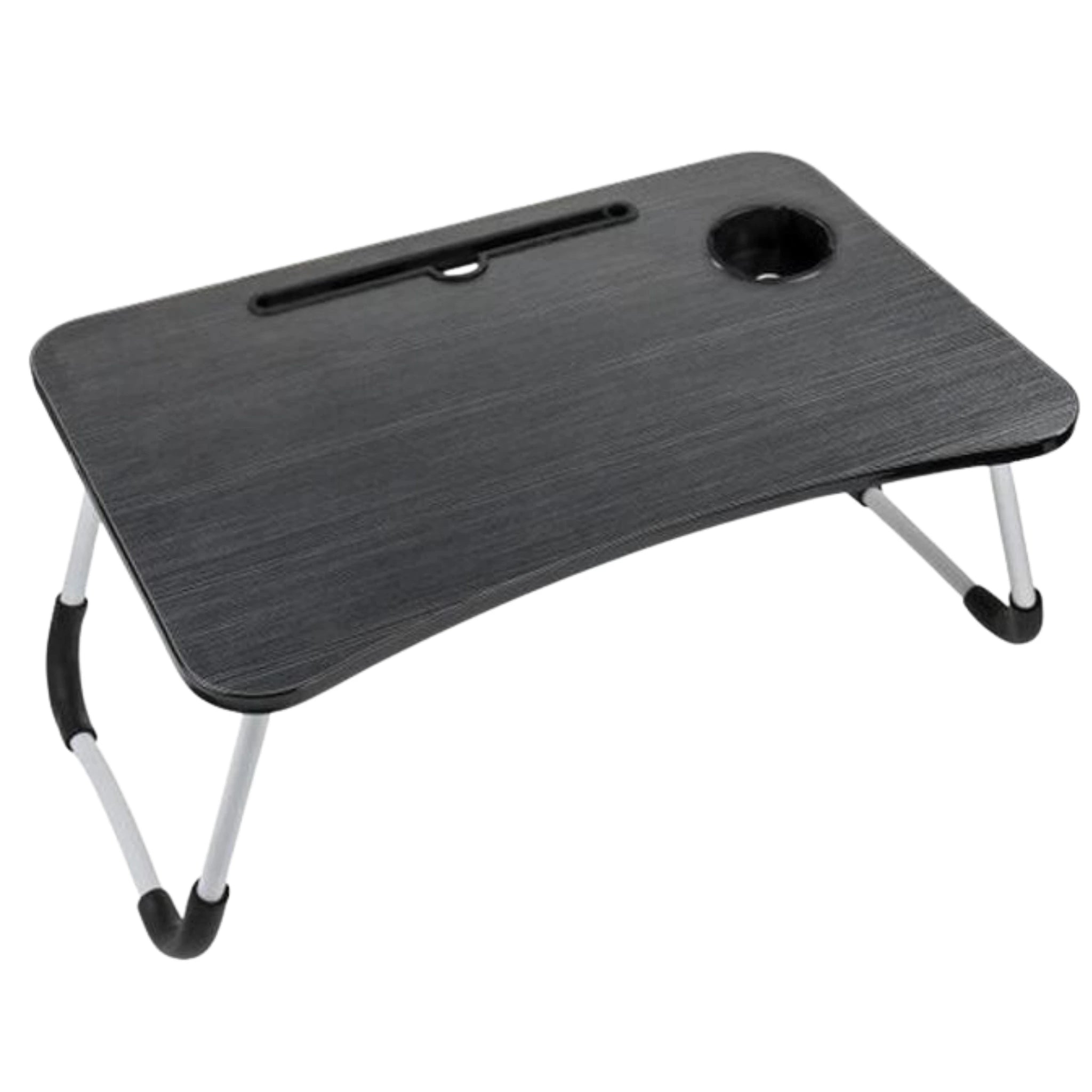 Table de lit pliante noire, idéale pour PC portable et tablette, avec un porte-gobelet intégré, disponible en Tunisie.