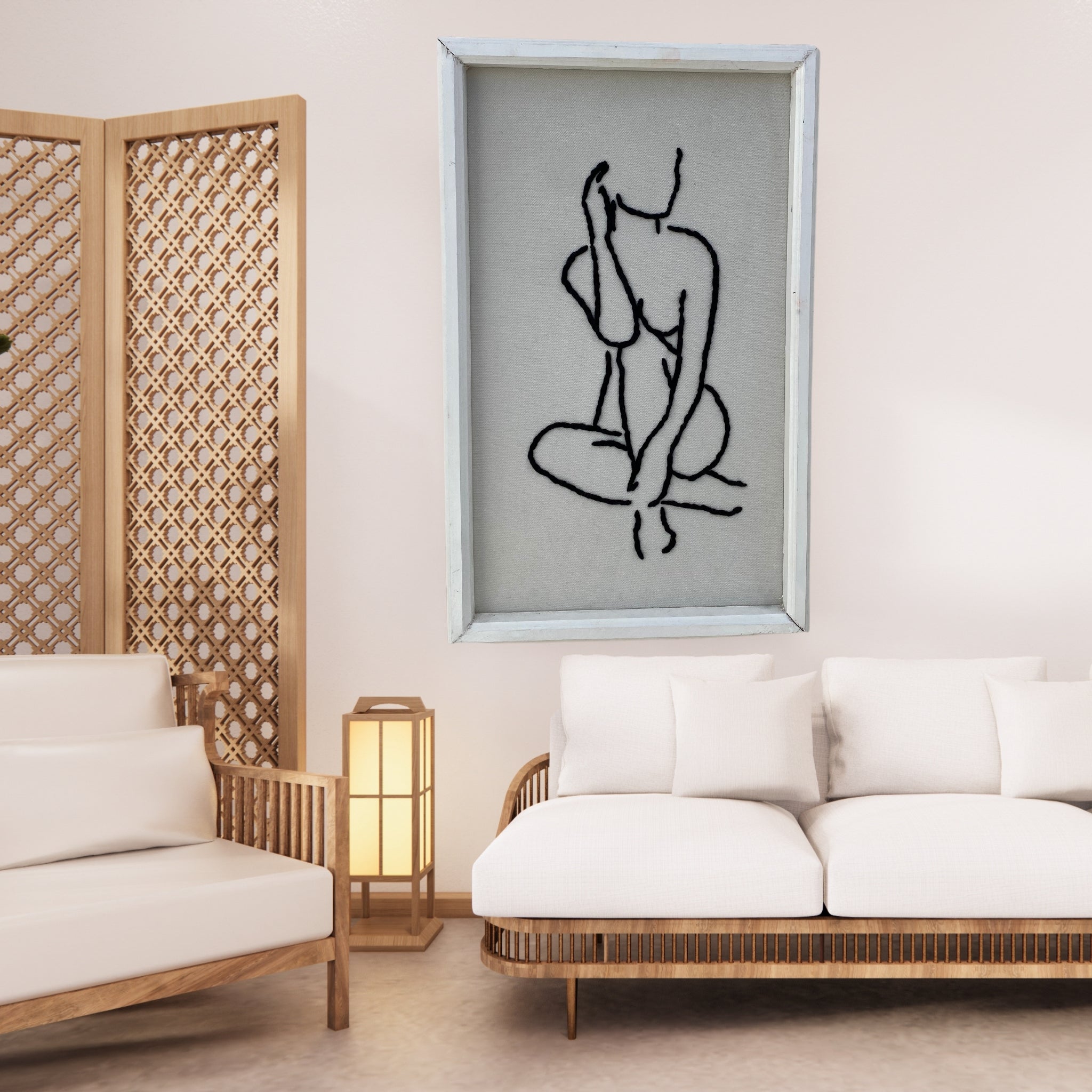 Tableau artisanal minimaliste avec silhouette abstraite tisse main