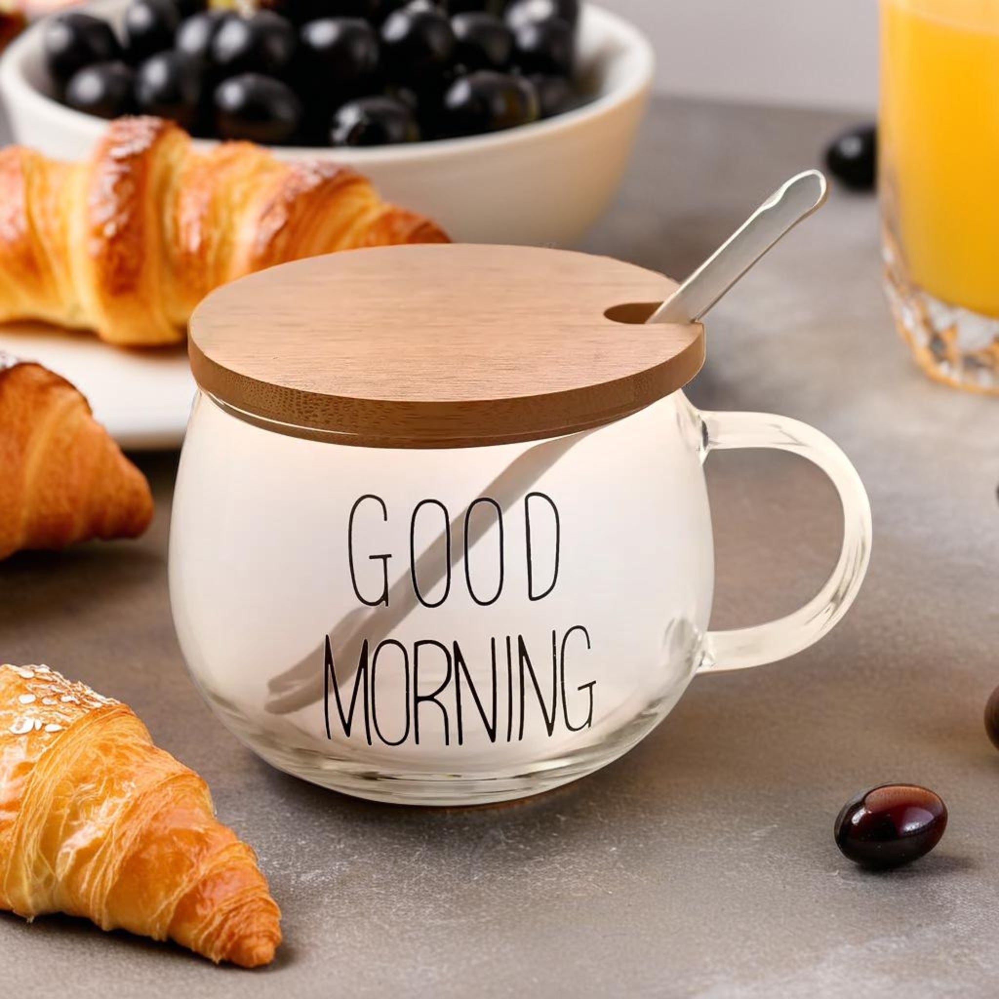 Tasse Good Morning en verre, couvercle en bois, idéale pour boissons chaudes
