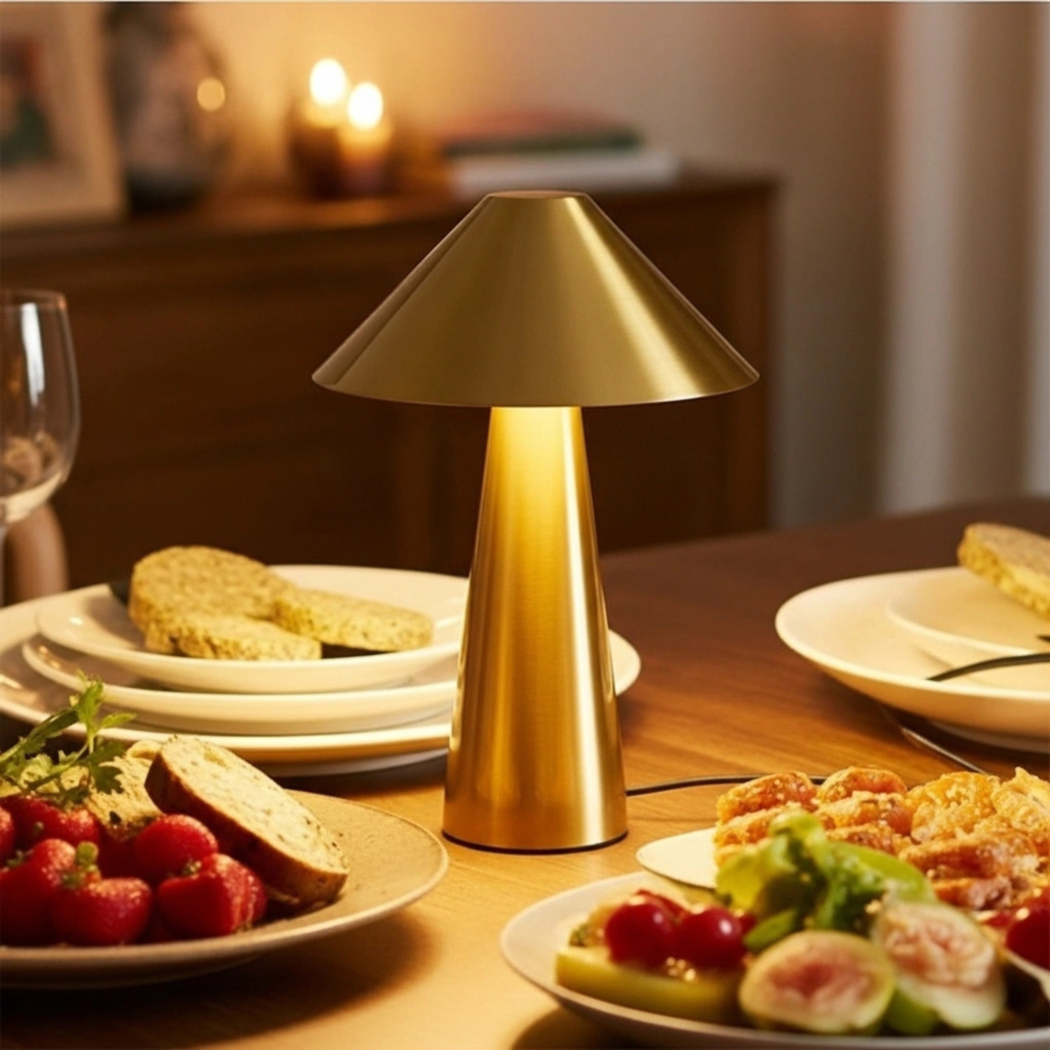 Veilleuse sans fil dorée, un luminaire de table qui crée une ambiance chaleureuse pour un dîner en Tunisie.