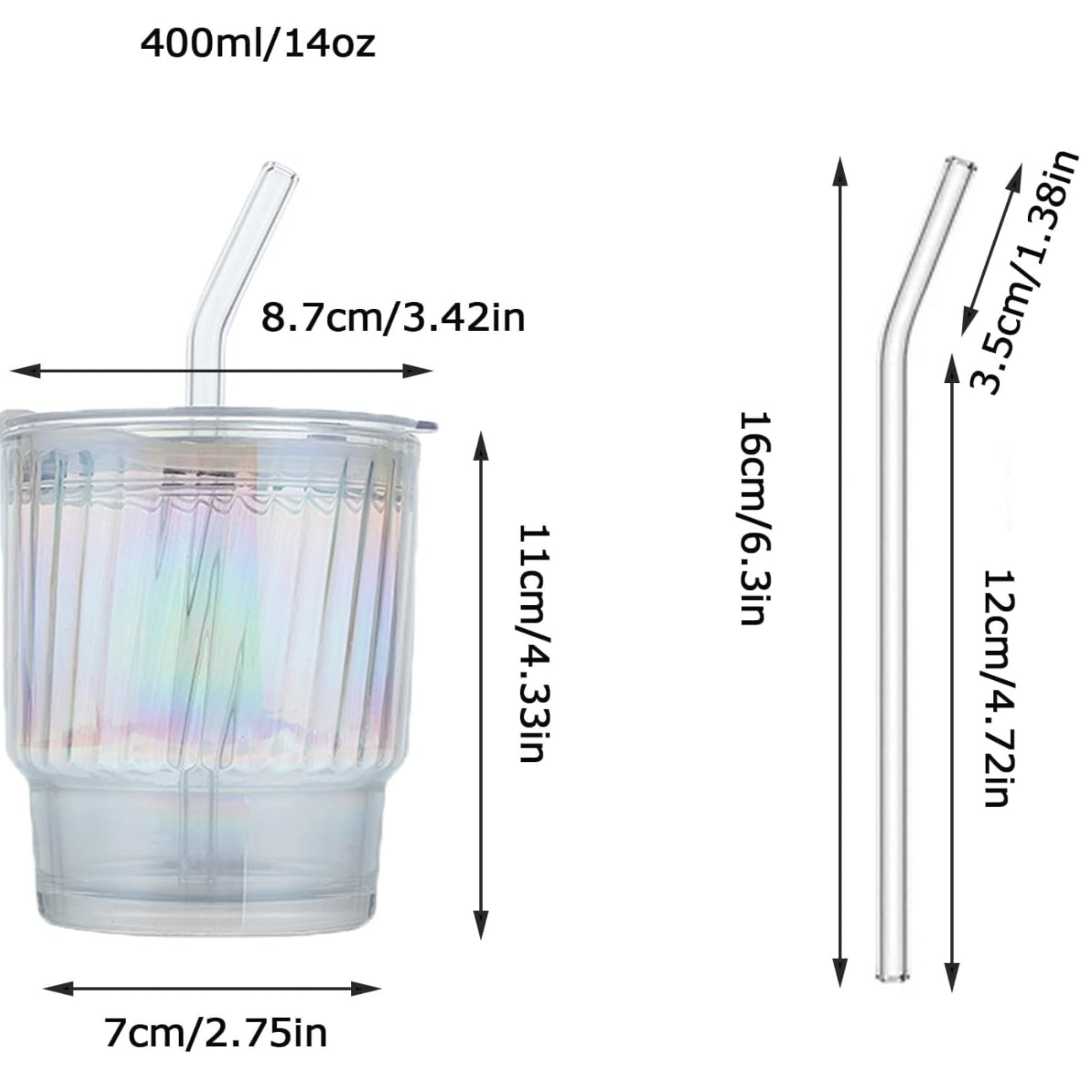 Verre irisé 400ml avec paille, design moderne et dimensions indiquées
