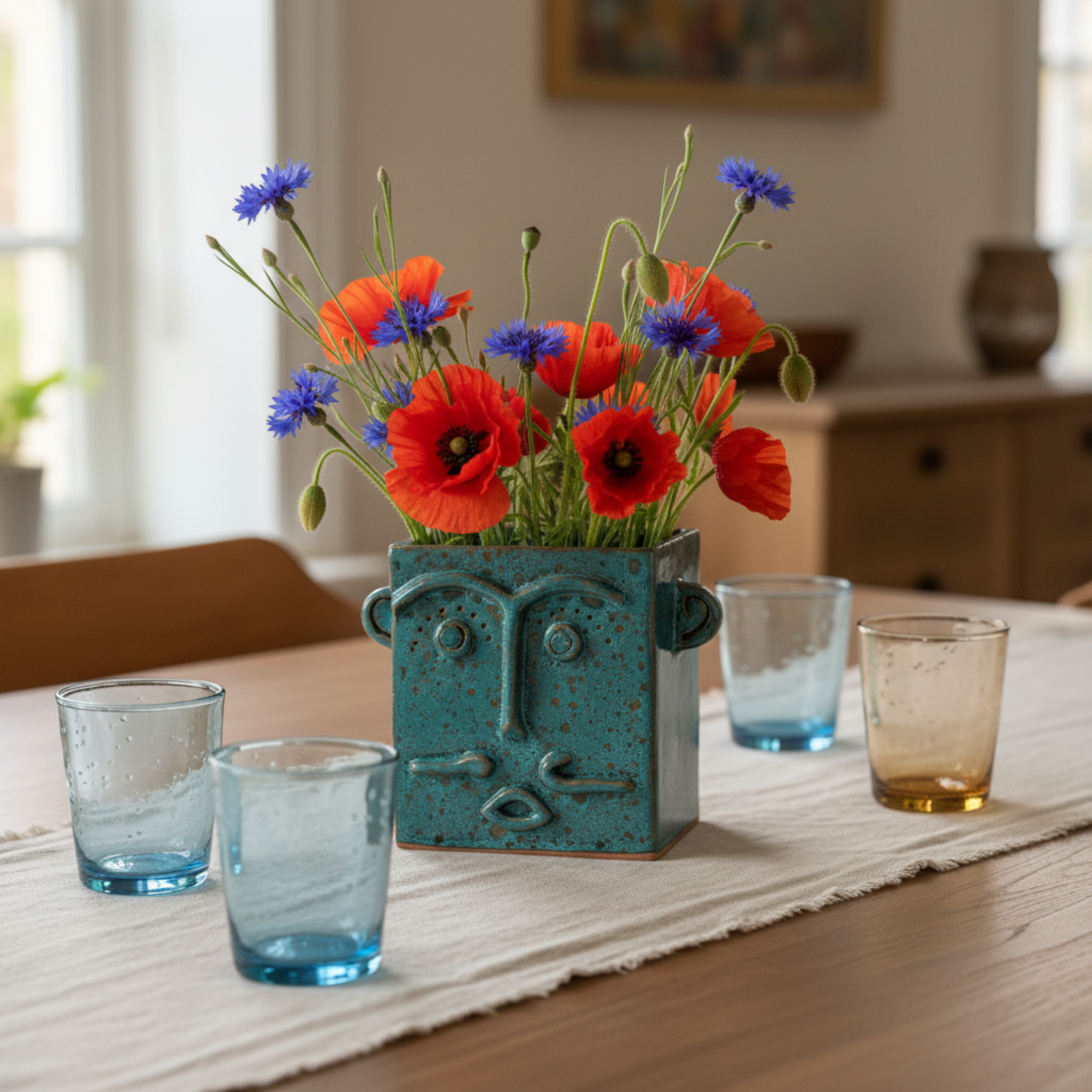 Vase Visage Carré en Céramique – Émail Émeraude Tunisien