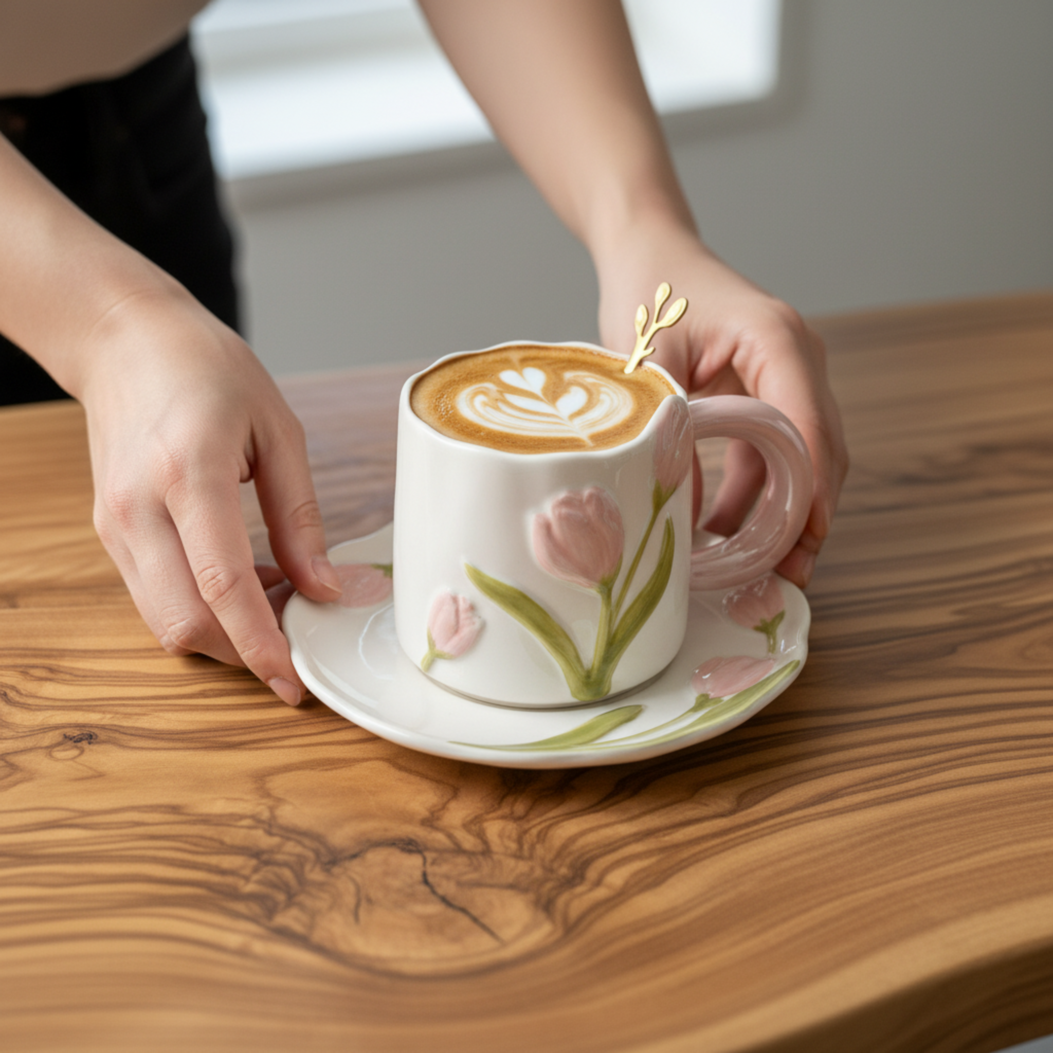 Mug Tulipe Rose en Céramique avec Sous-Tasse – Édition Élégante