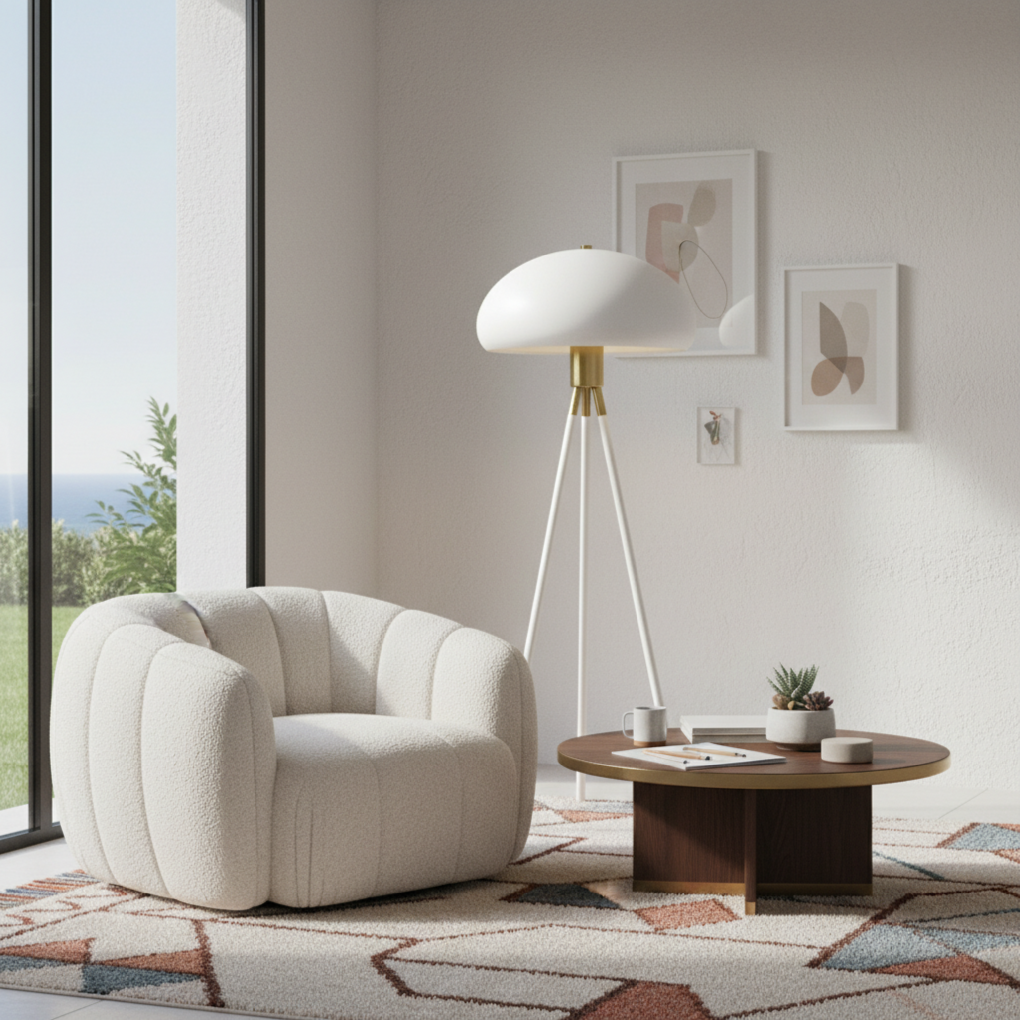 Lampadaire Trépied Design Blanc & Doré – Éclairage Scandi-Chic Tunisie