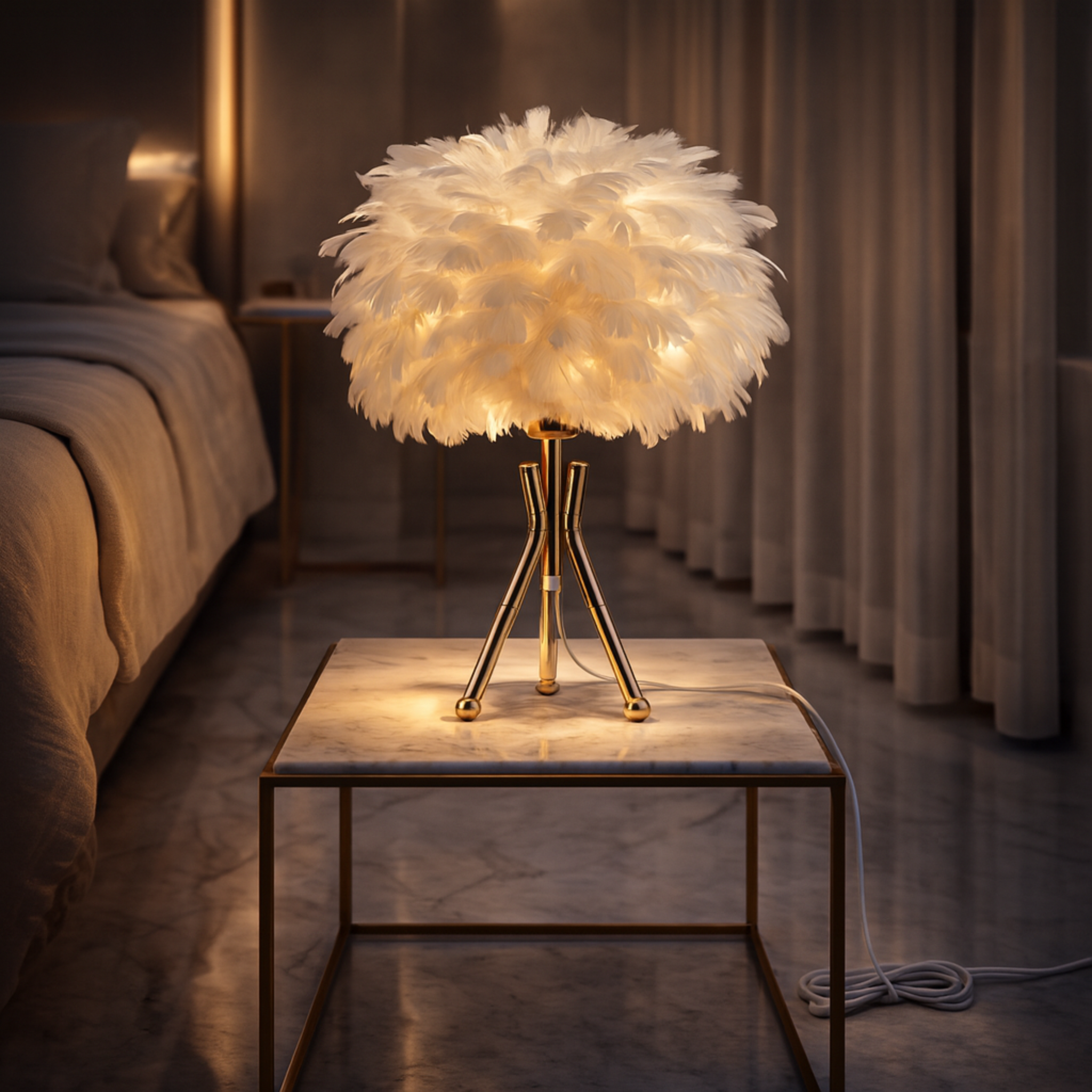 Lampe de Chevet à Plumes Blanc & Doré – Style Glamour Chic