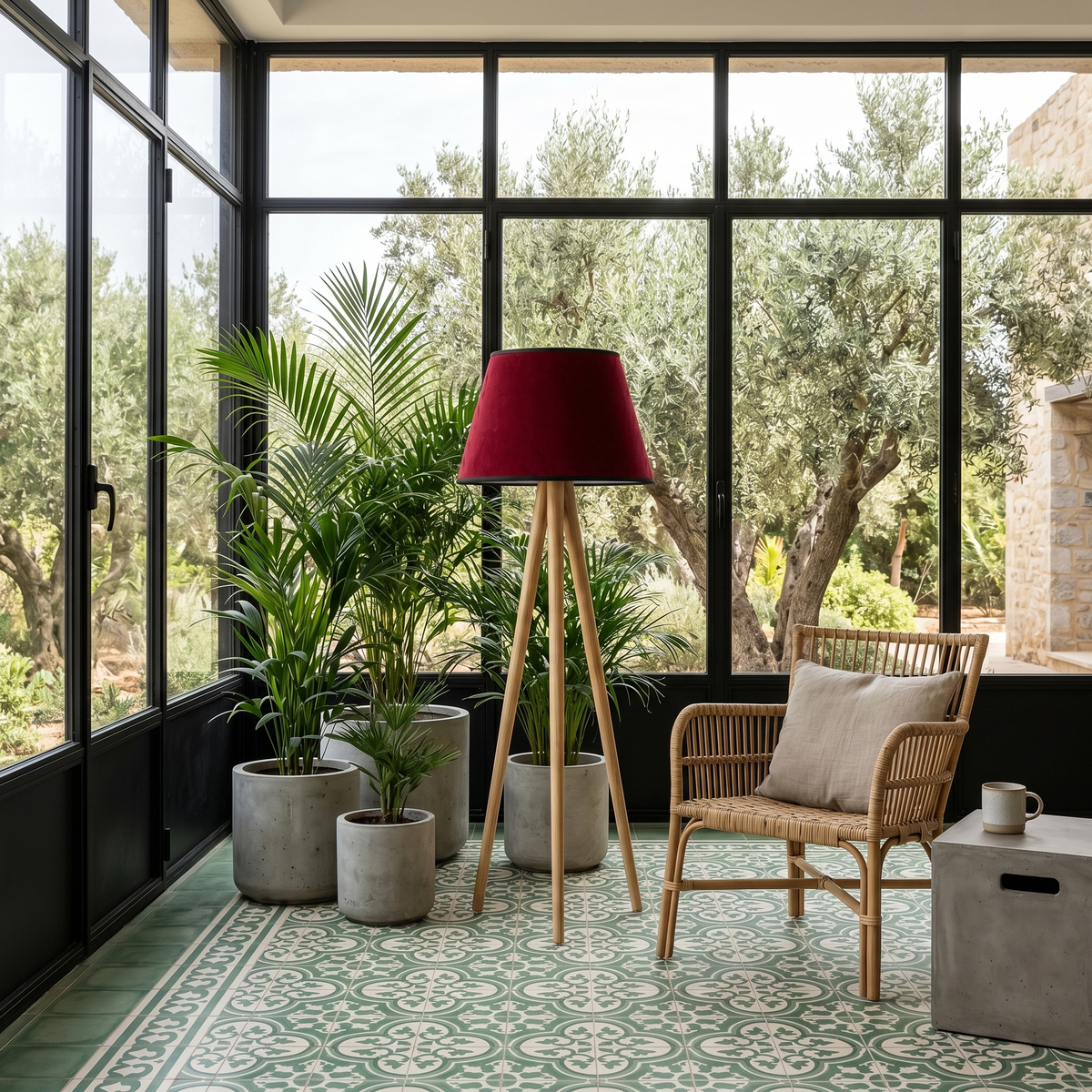 Lampadaire Trépied Bois | Abat-jour Bordeaux | Fiolla Home