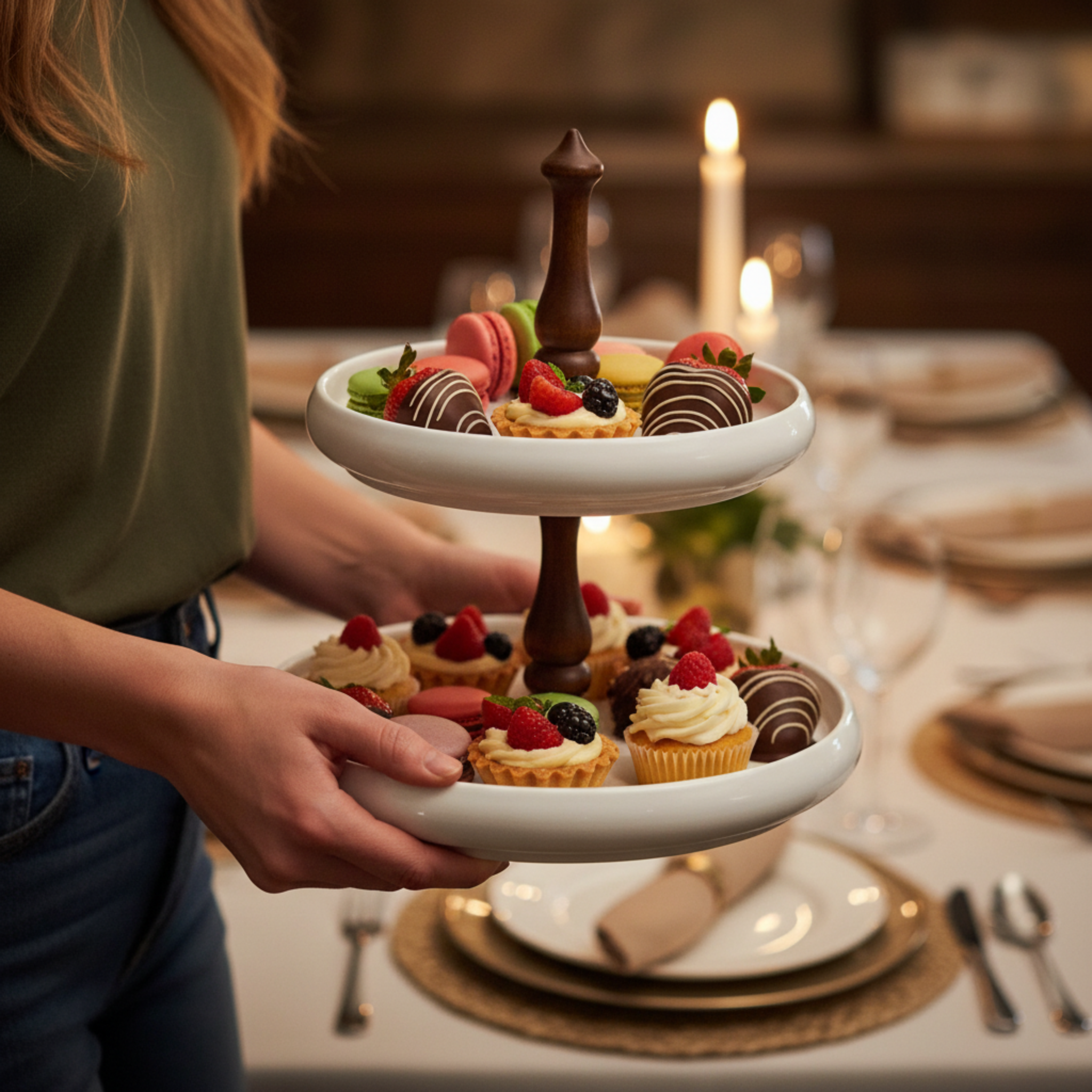 Serviteur 2 Étages Design en Céramique & Bois – Présentoir Chic