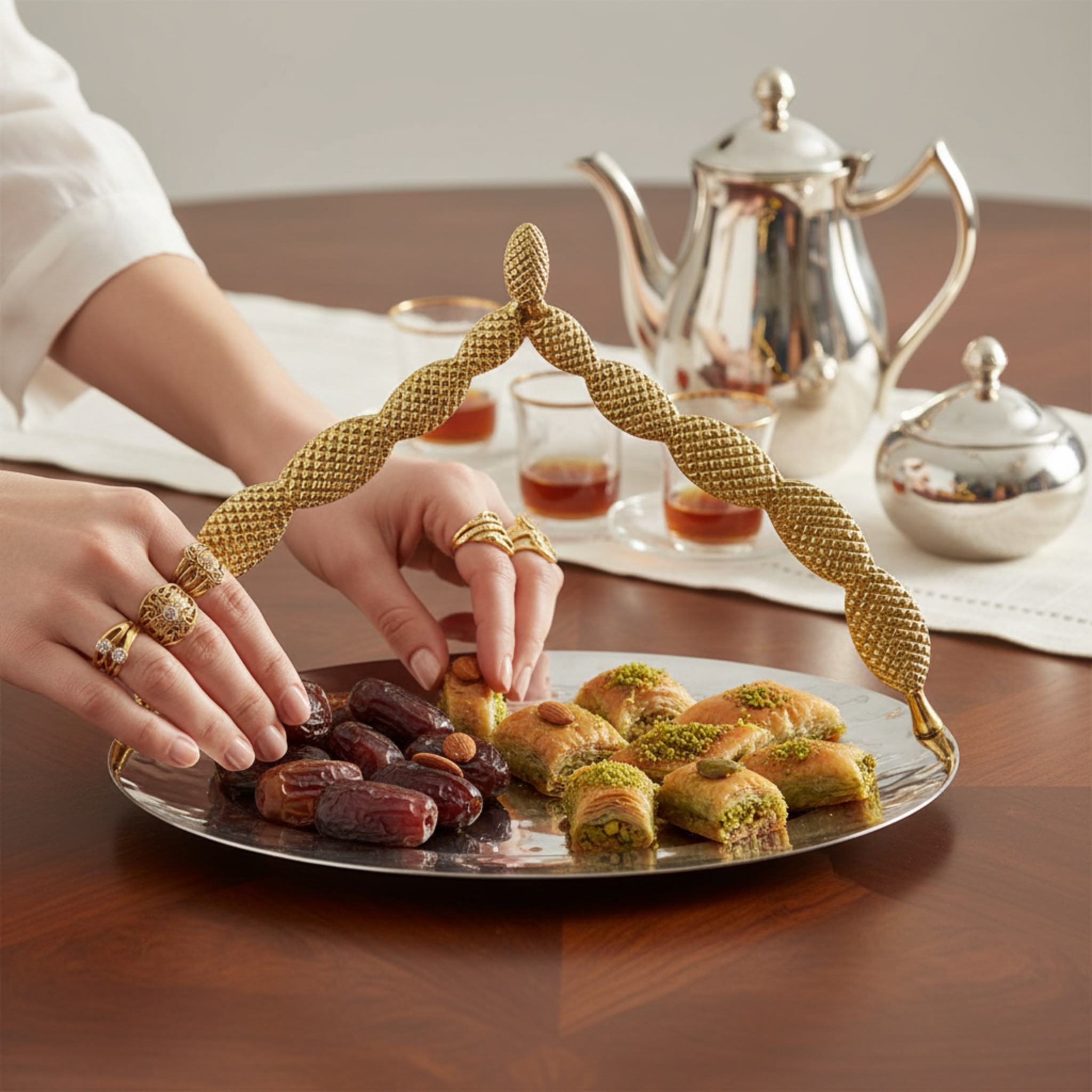 Plateau de Service Rond - Anse Cuivre Indien Doré & Inox Premium