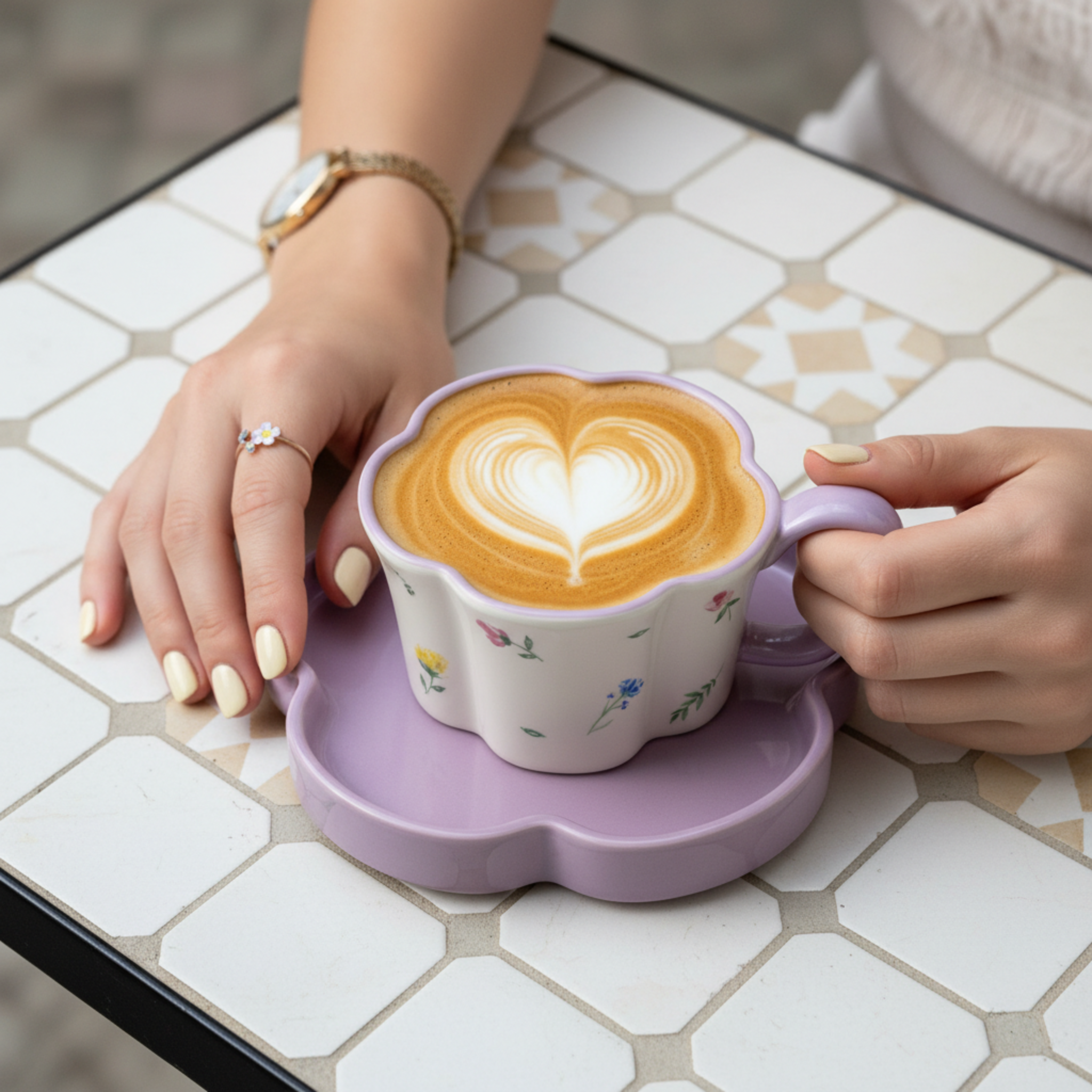 Mug Fleur Céramique Lilas & Soucoupe – Idée Cadeau Cute Tunisie