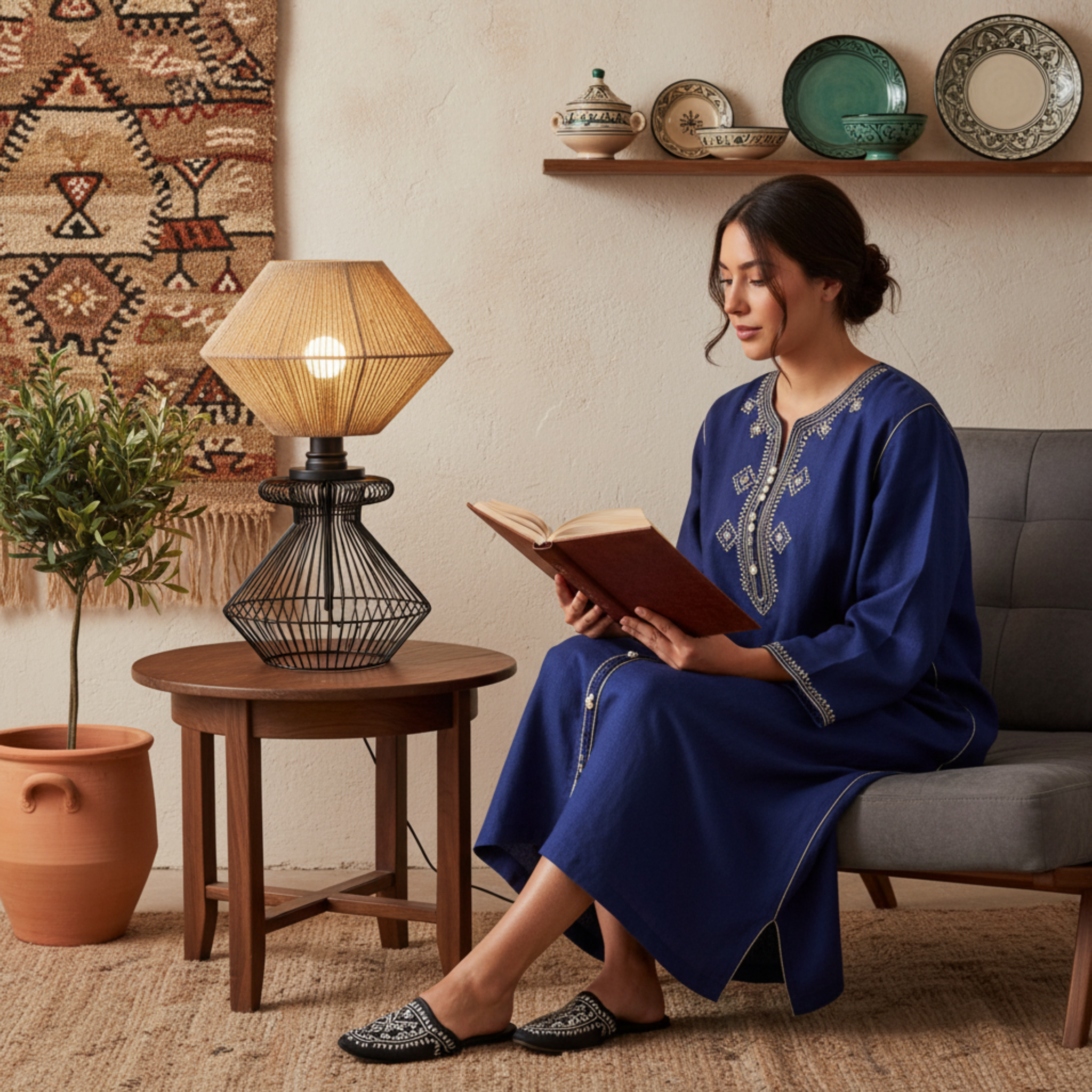 Lampe de Table Design en Jute et Métal Noir | Fait Main | Tunisie