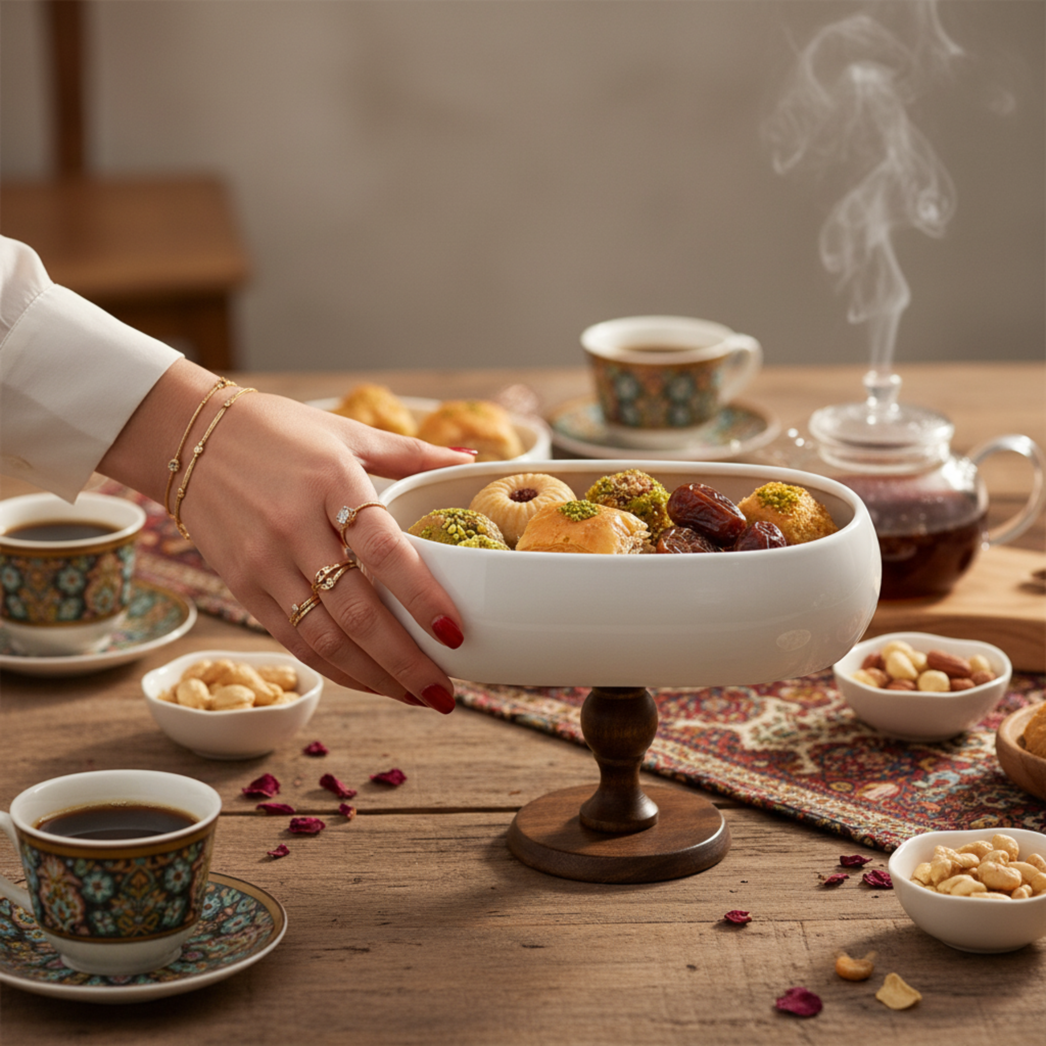 Coupe sur Pied Design – Présentoir Ovale Céramique Blanche & Bois