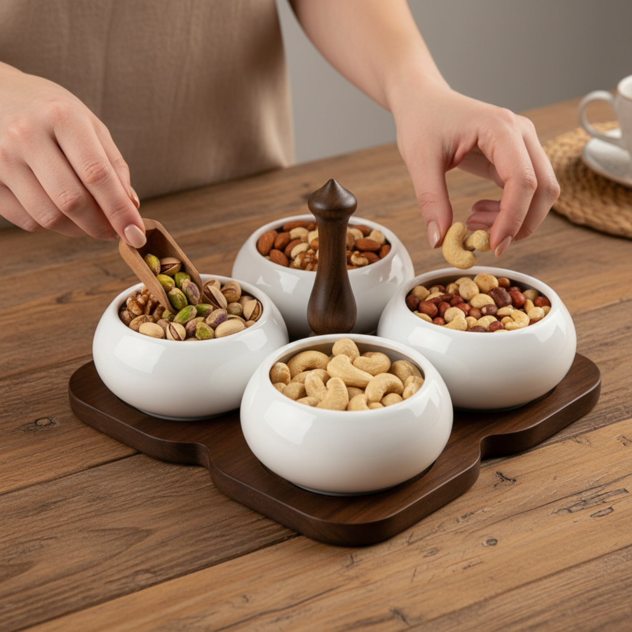 Service Apéritif 4 Bols Céramique & Plateau Bois – Design Élégant