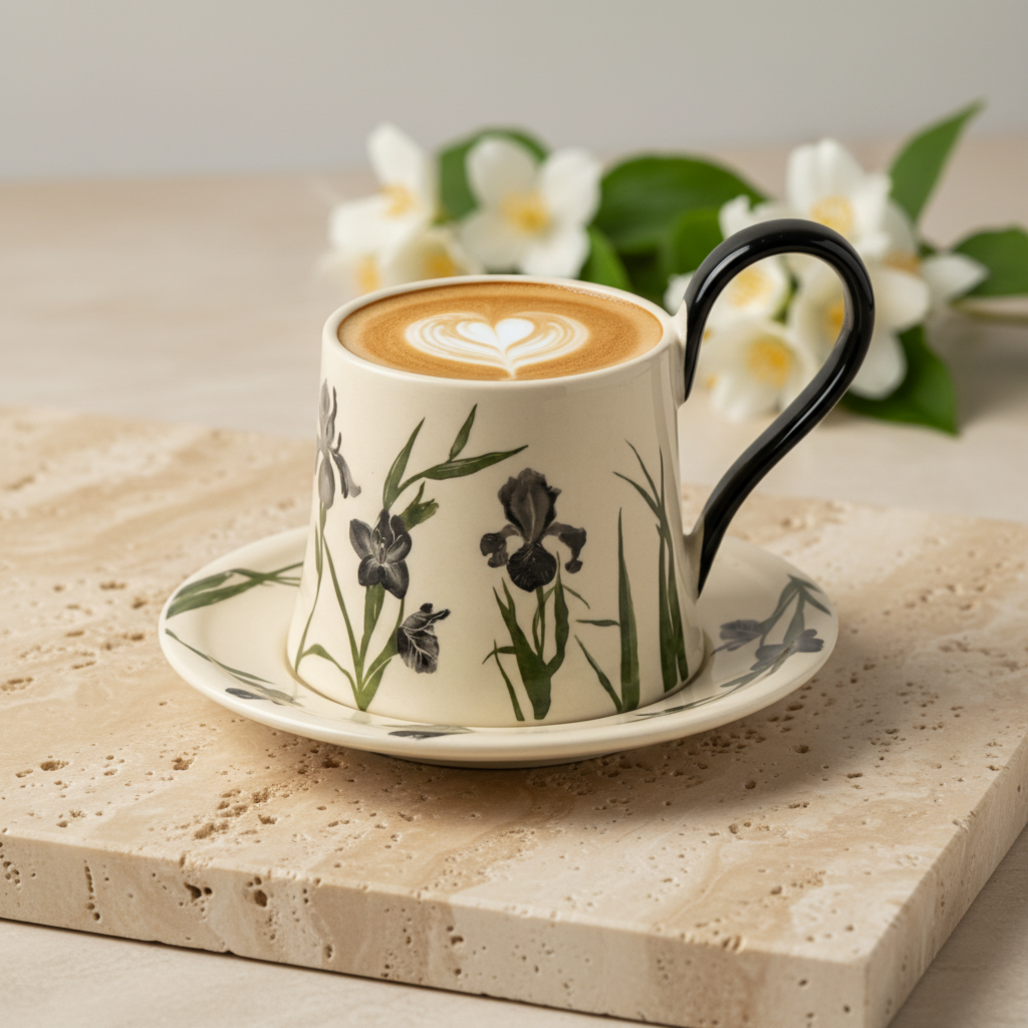 Mug Iris Noir en Céramique avec Sous-Tasse – Élégance Moderne