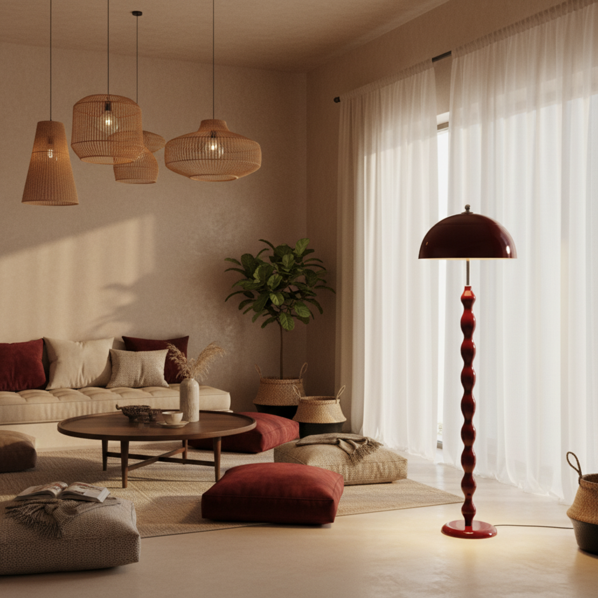 Lampadaire Design "Totem" Rouge Laqué | Luminaire Salon & Décoration Bohème Tunisie