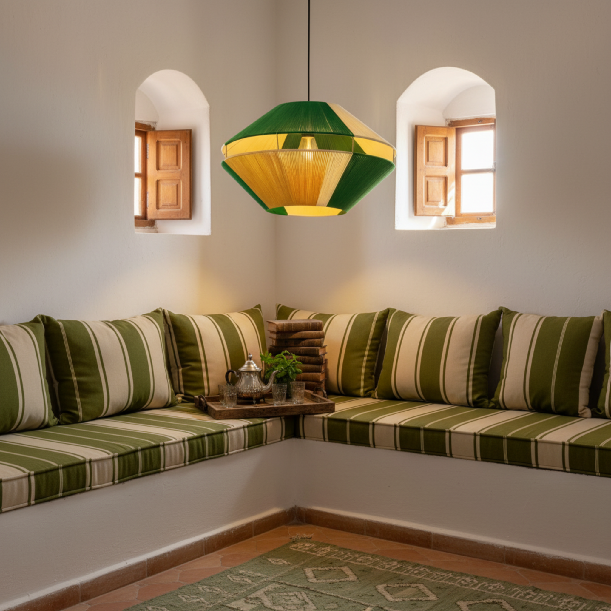 Suspension Géométrique Bicolore Vert & Jaune Fait Main | Design Tunisien Unique