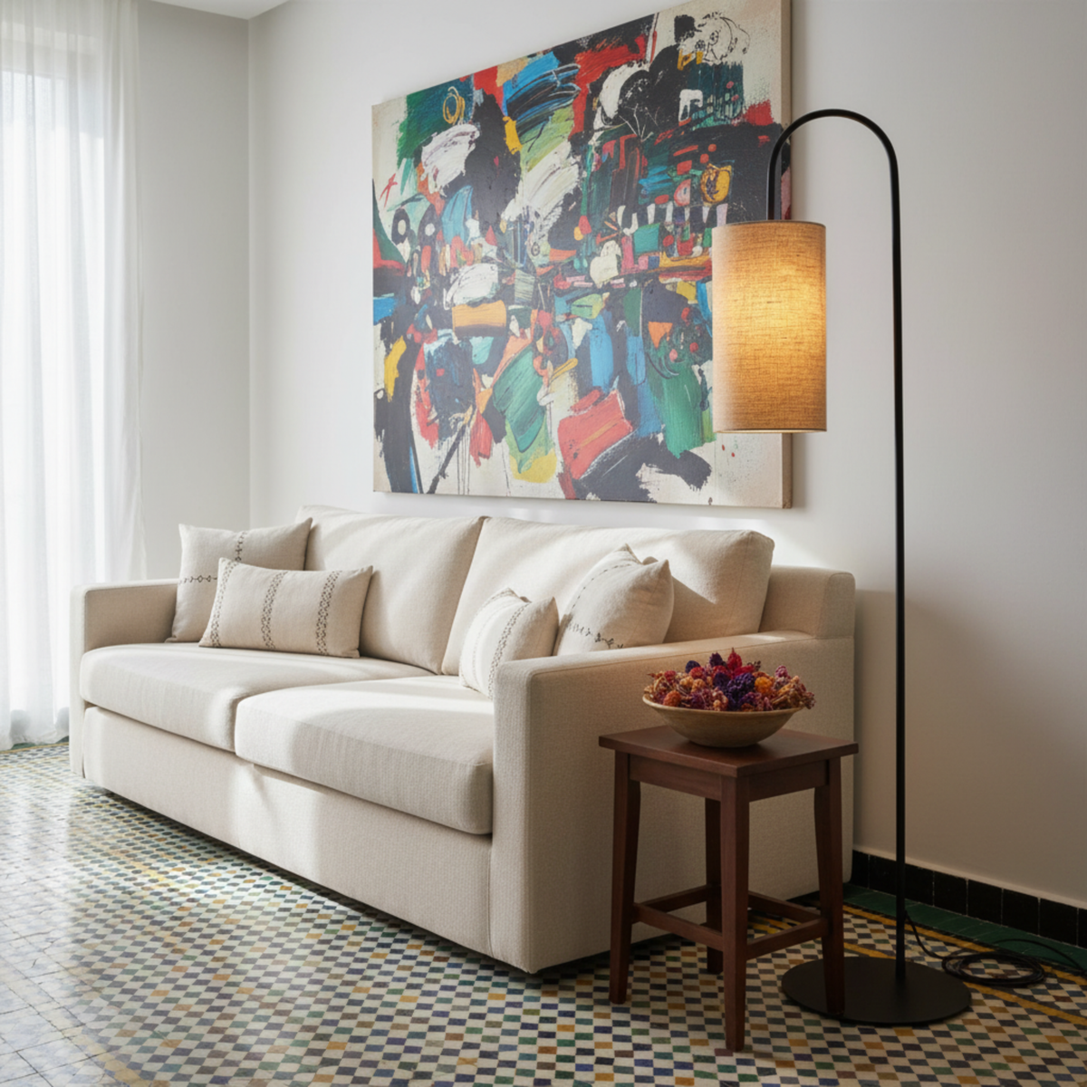 Lampadaire Arc Métal Noir Abat-Jour Lin Beige Design | Fiolla Home
