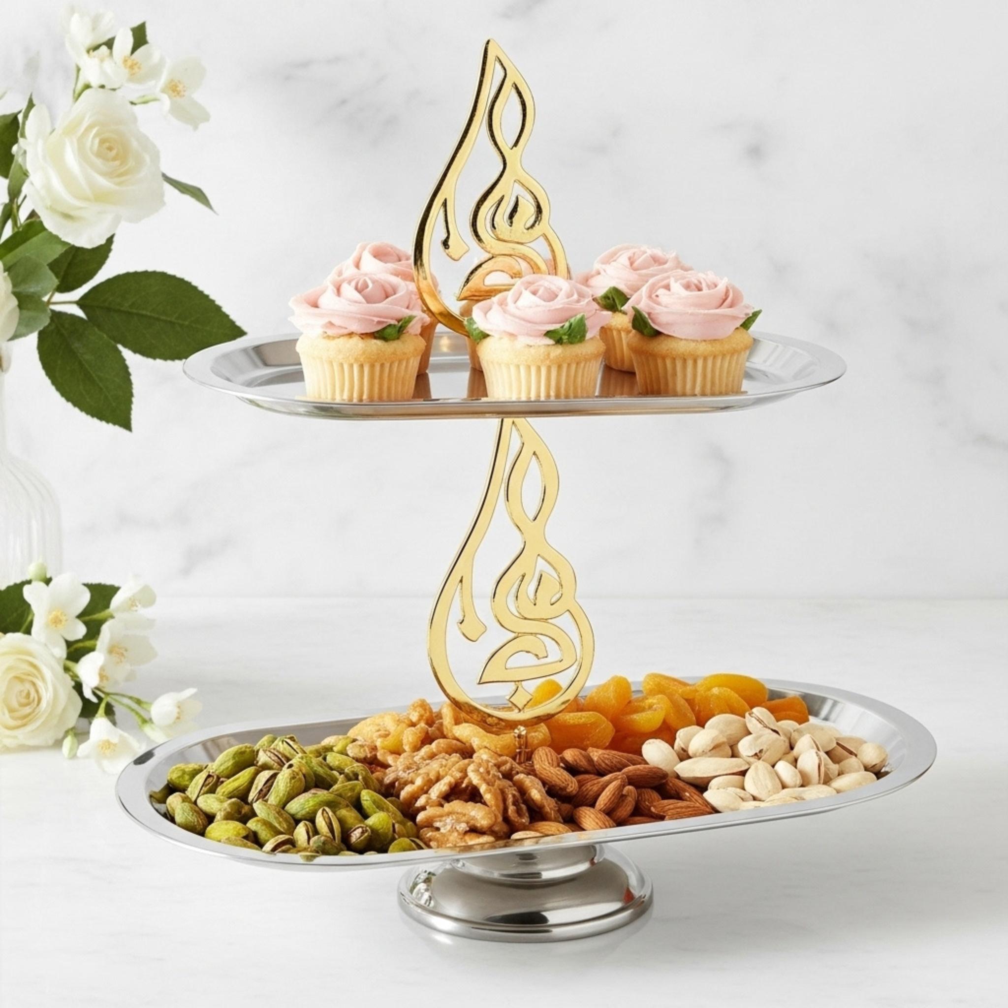 Présentoir Inox 2 Niveaux – Calligraphie Dorée | Fiolla Home Tunisie