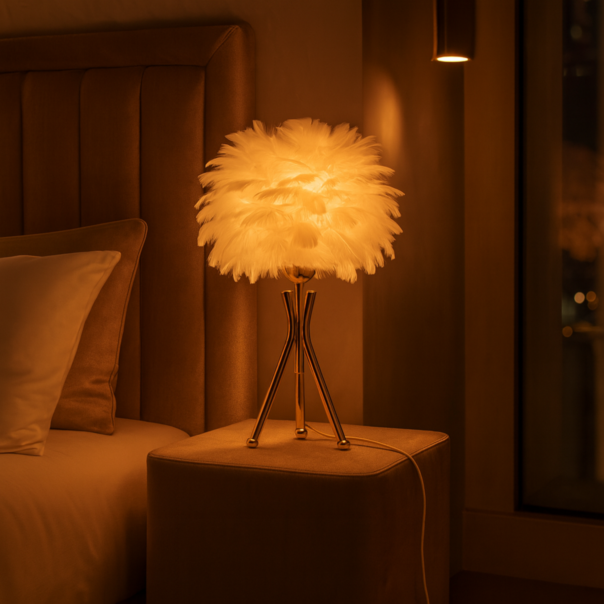 Lampe de Chevet à Plumes Blanc & Doré – Style Glamour Chic
