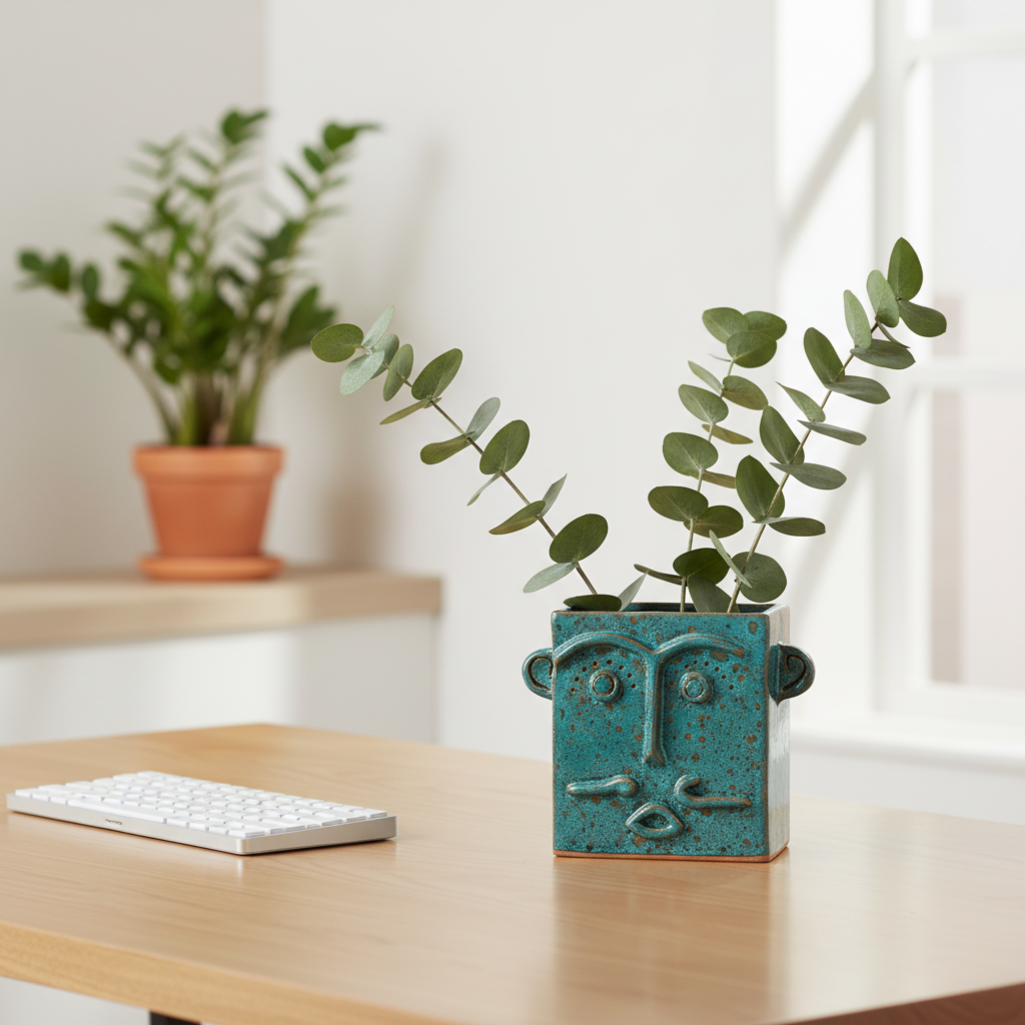 Vase Visage Carré en Céramique – Émail Émeraude Tunisien