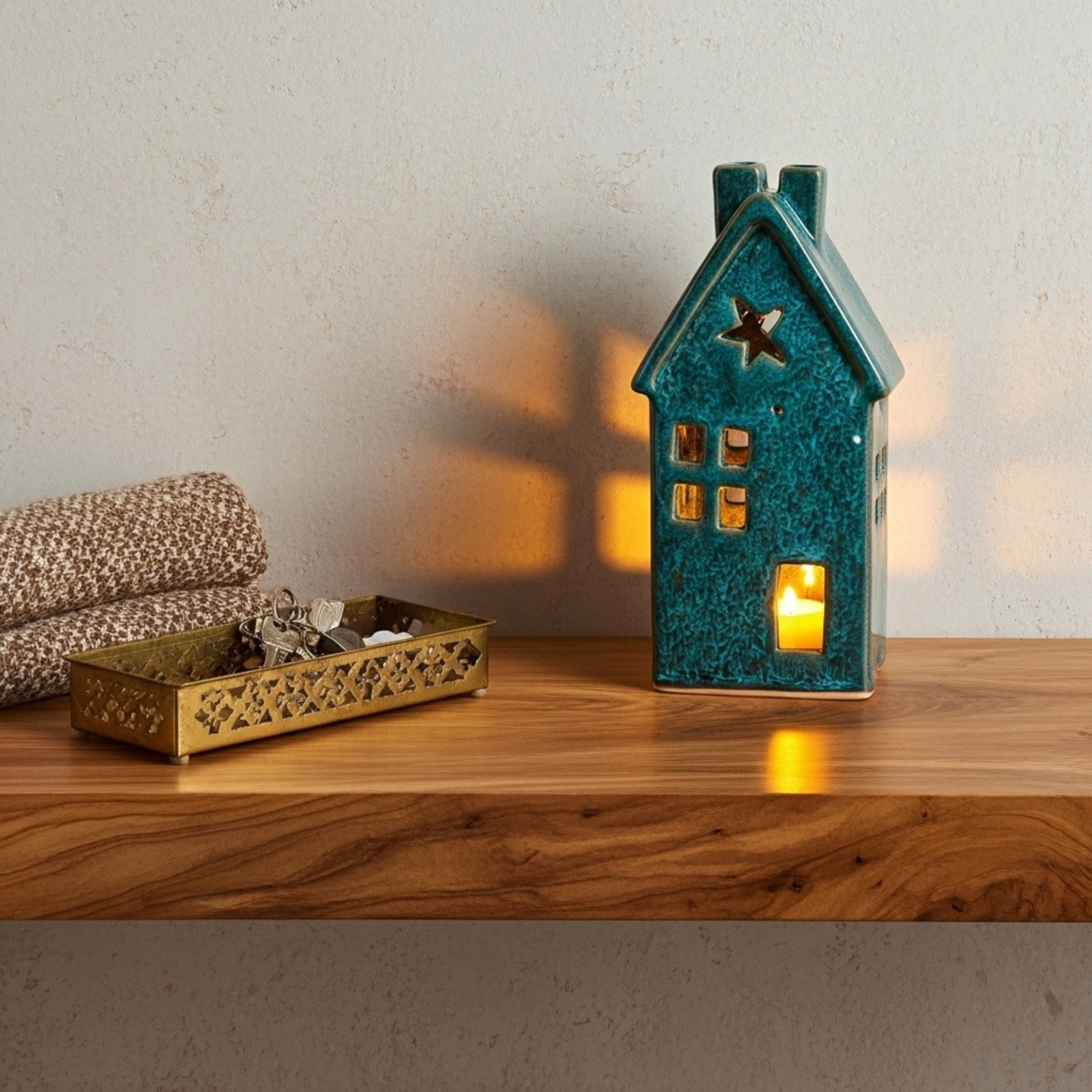 Cache-Bougie Maison en Céramique Turquoise – Fait Main en Tunisie