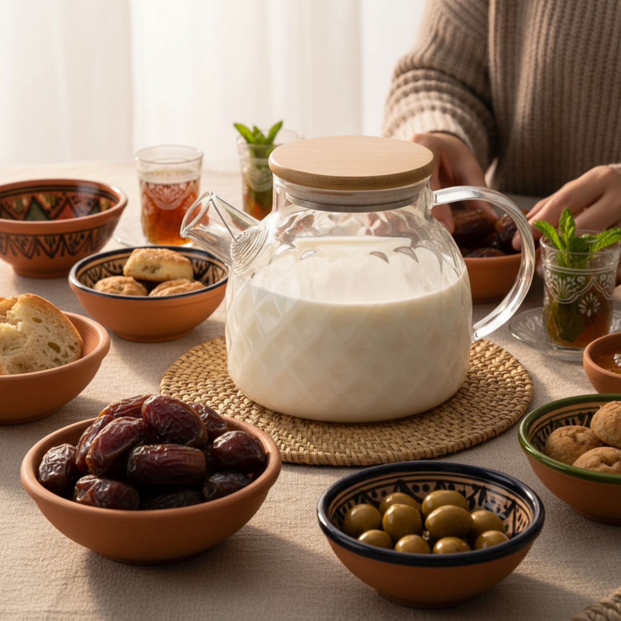 Théière en Verre Texturé & Couvercle Bambou – Design Élégant