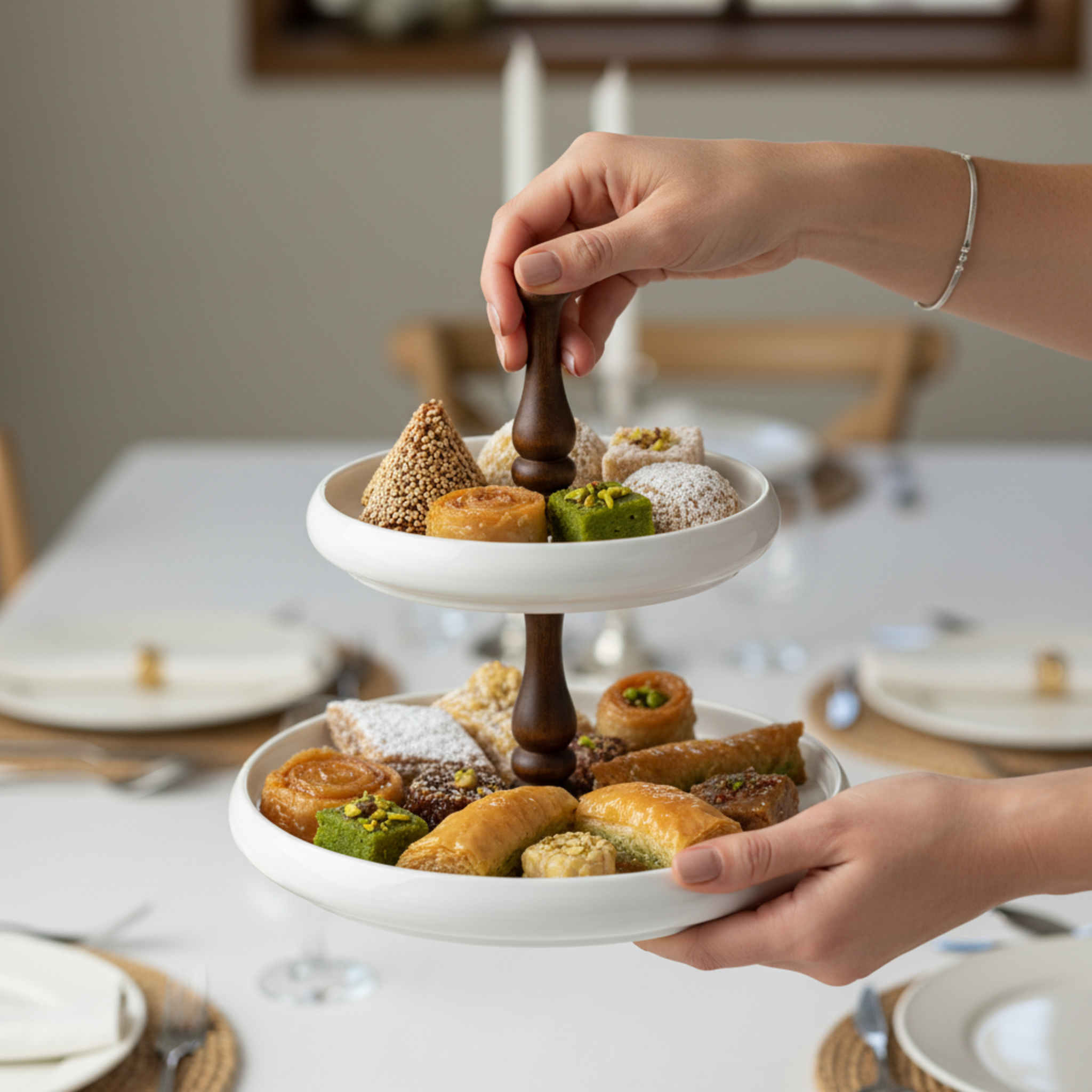 Serviteur 2 Étages Design en Céramique & Bois – Présentoir Chic