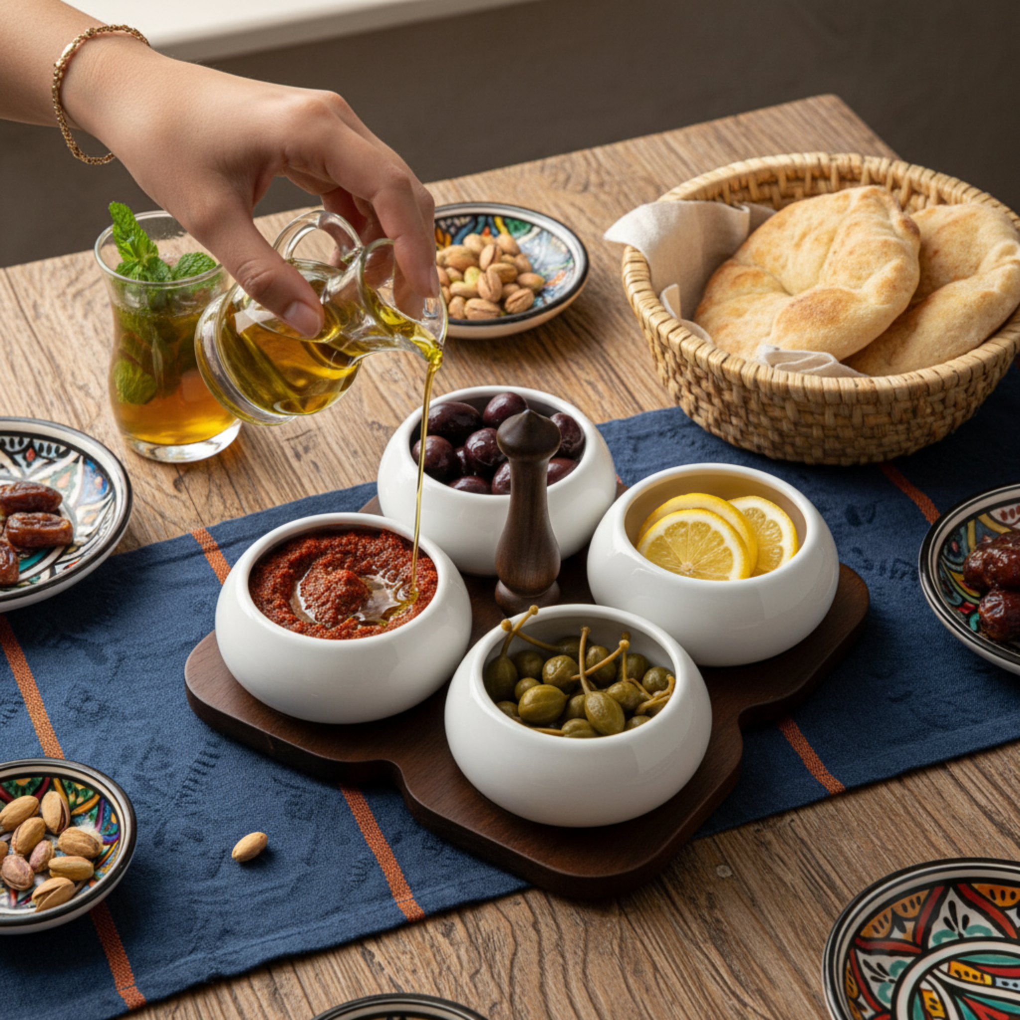 Service Apéritif 4 Bols Céramique & Plateau Bois – Design Élégant