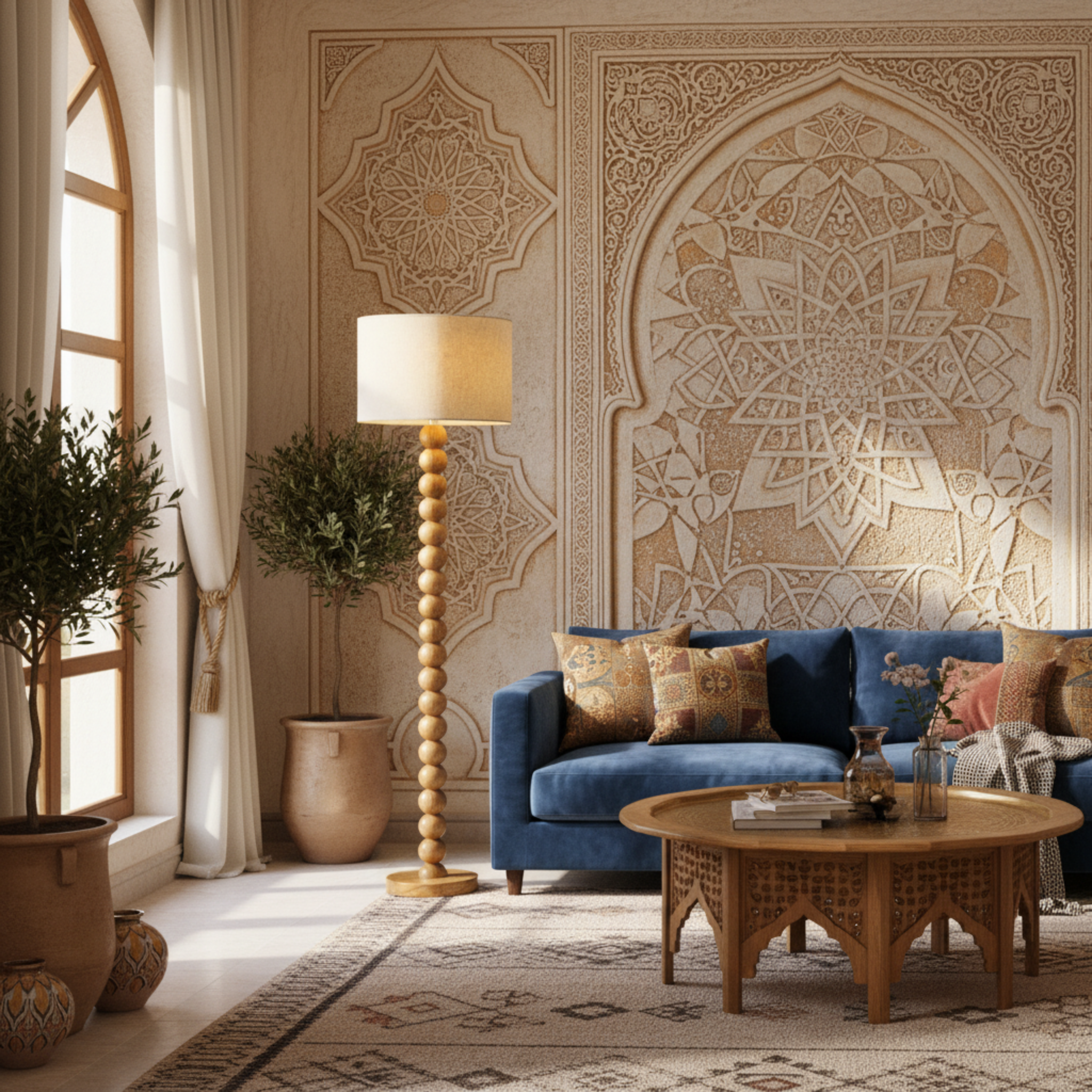 Lampadaire Artisanal en Bois Rouge – Sculpture Fait Main Luxe Tunisie