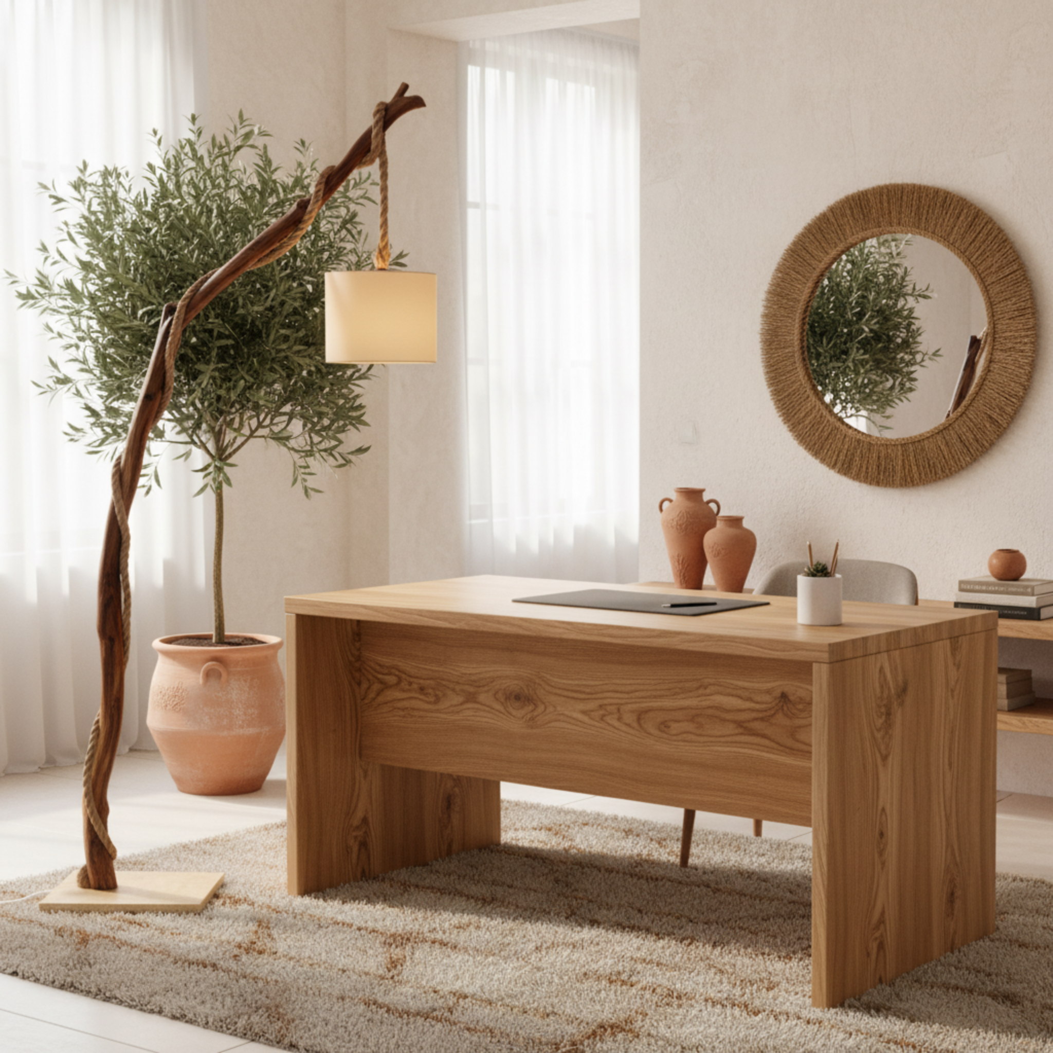 Lampadaire Tronc d'Arbre Naturel Artisanat Tunisien