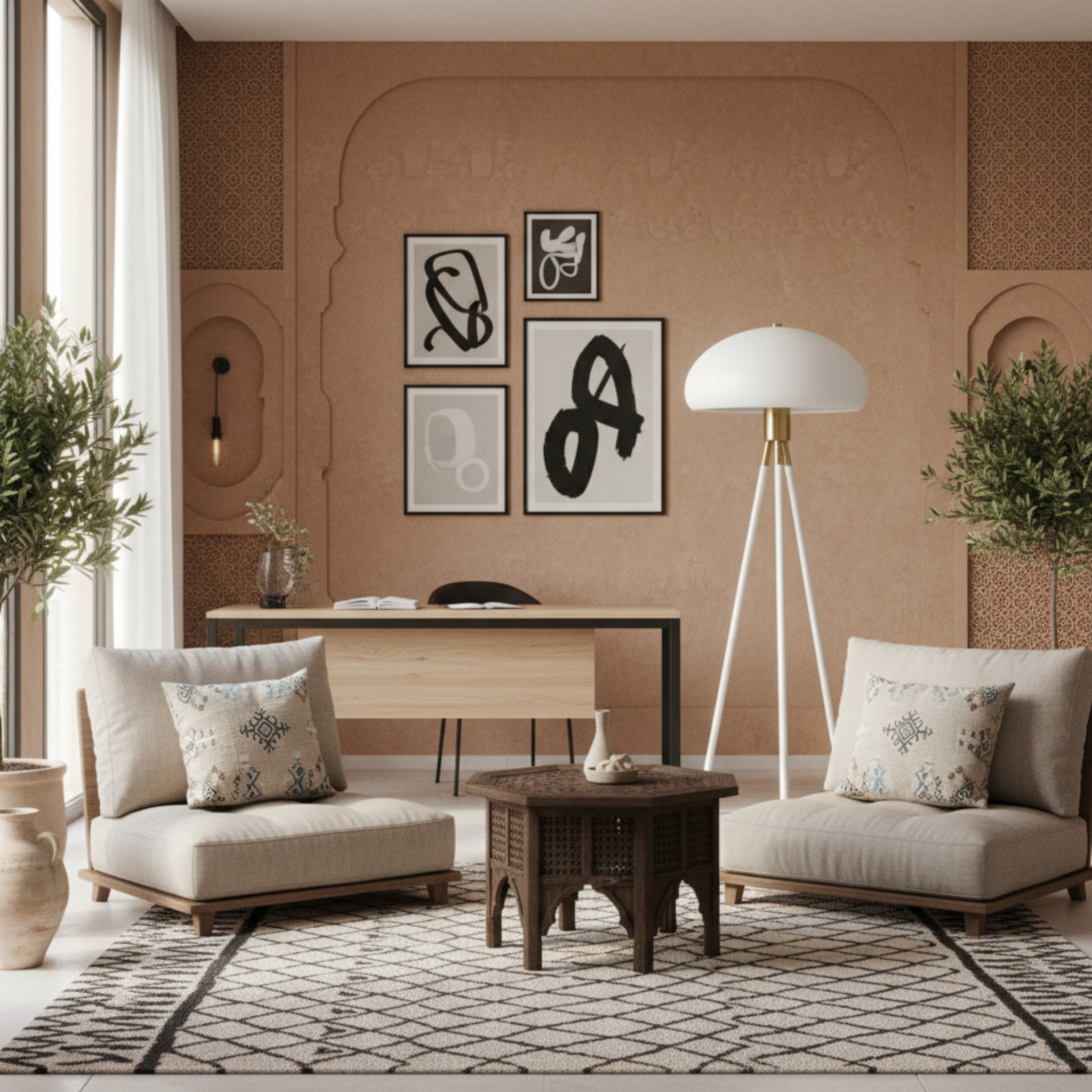 Lampadaire Trépied Design Blanc & Doré – Éclairage Scandi-Chic Tunisie