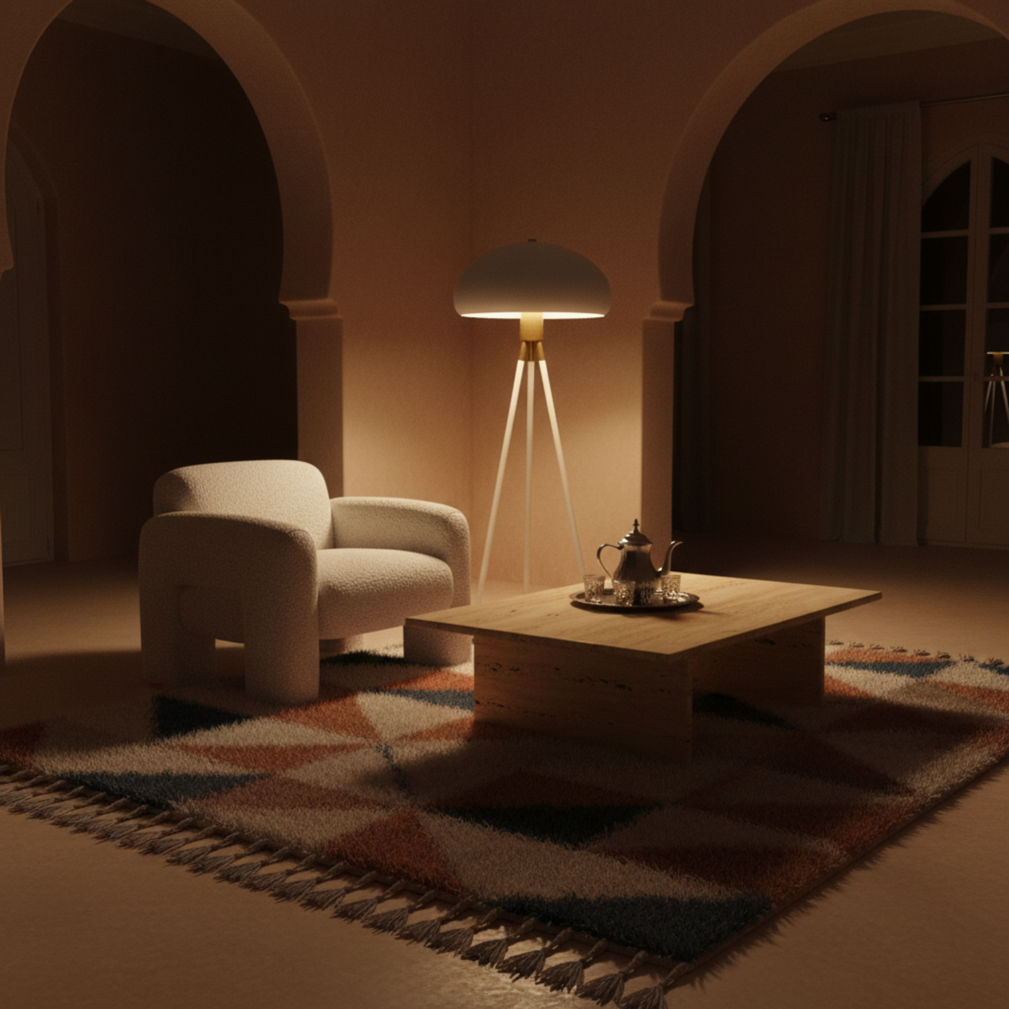 Lampadaire Trépied Design Blanc & Doré – Éclairage Scandi-Chic Tunisie