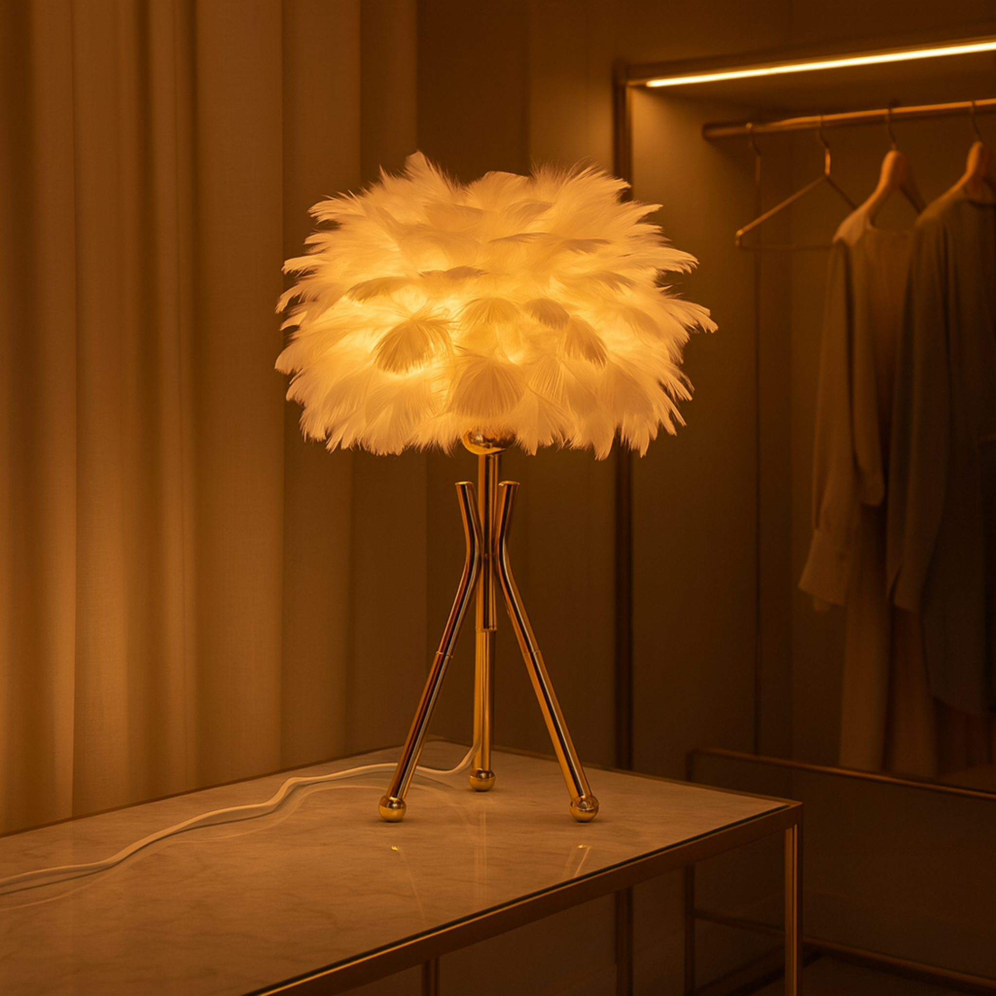 Lampe de Chevet à Plumes Blanc & Doré – Style Glamour Chic