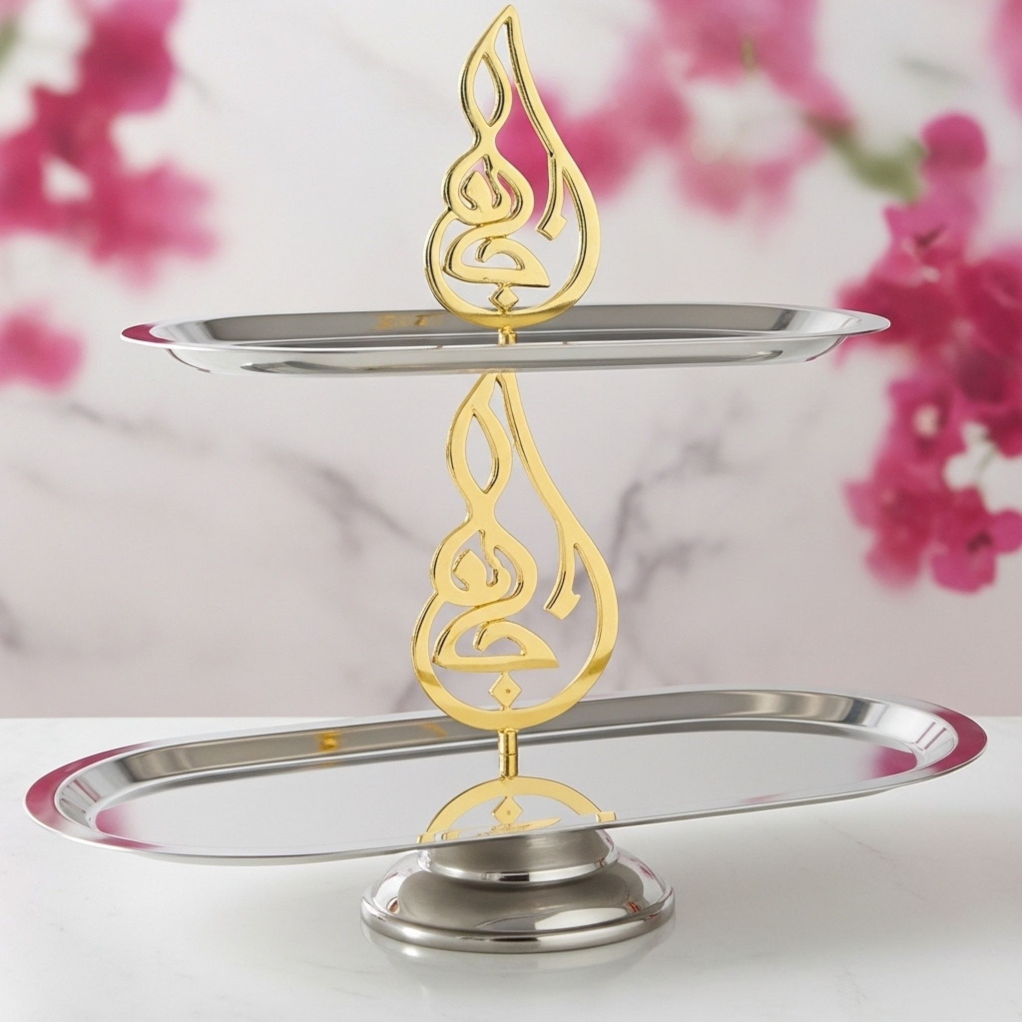 Présentoir Inox 2 Niveaux – Calligraphie Dorée | Fiolla Home Tunisie