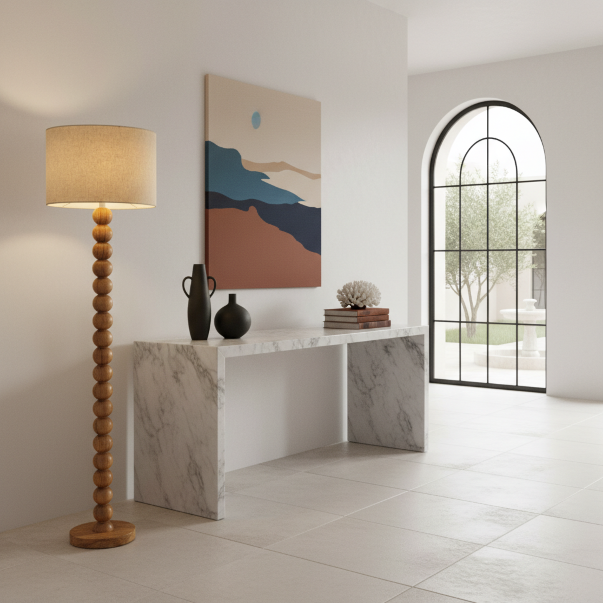 Lampadaire Artisanal en Bois Rouge – Sculpture Fait Main Luxe Tunisie