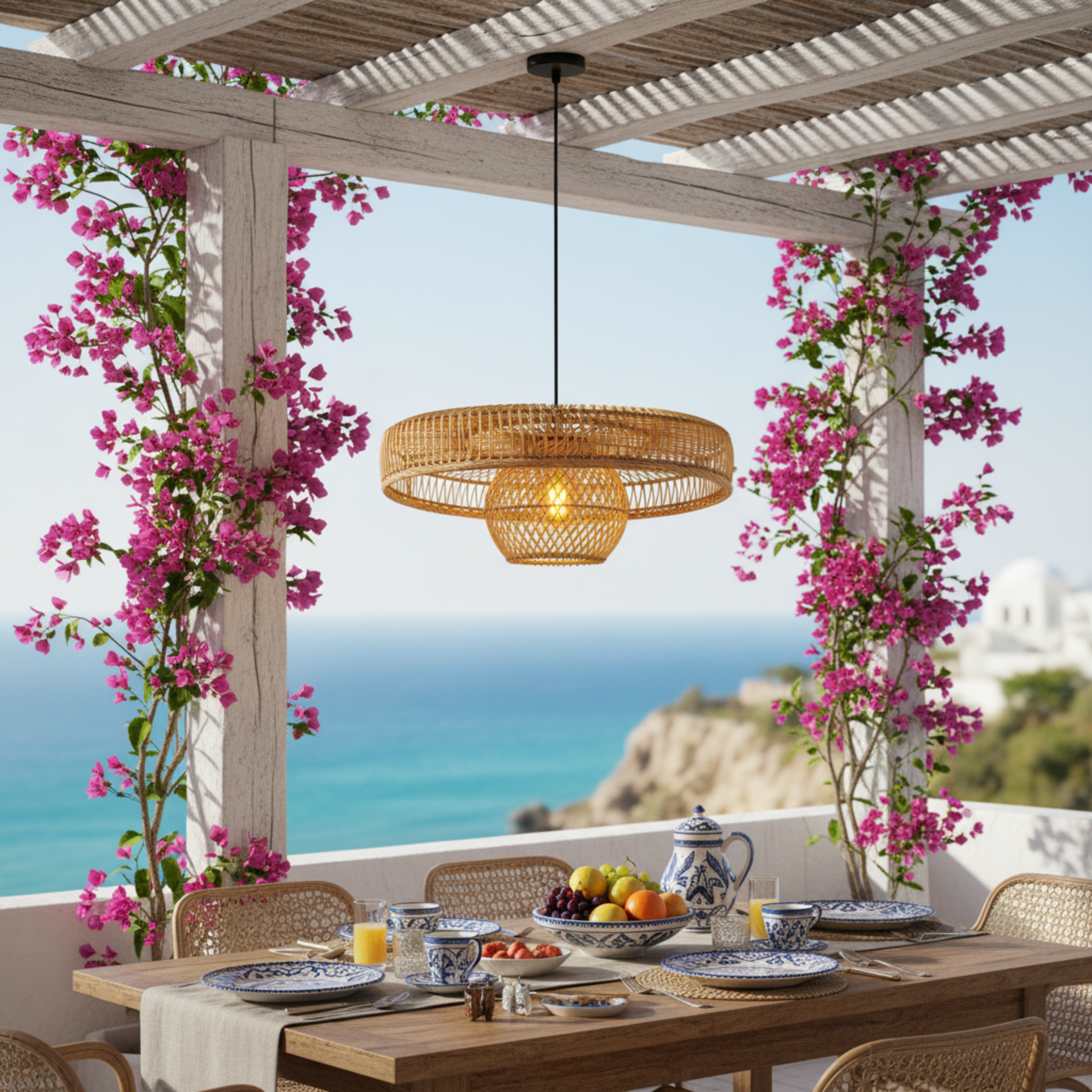 Suspension Rotin Tressé Double Niveau Fait Main | Fiolla Home Tunisie