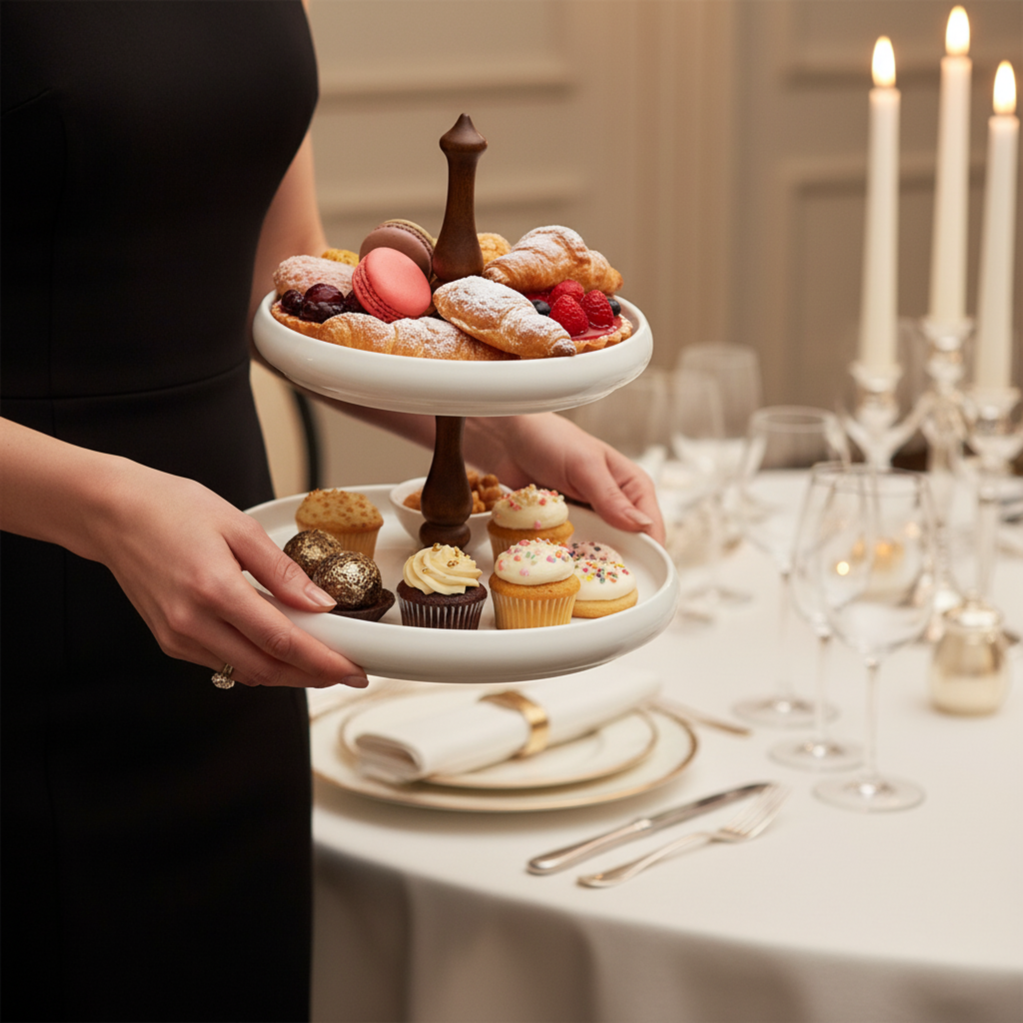 Serviteur 2 Étages Design en Céramique & Bois – Présentoir Chic