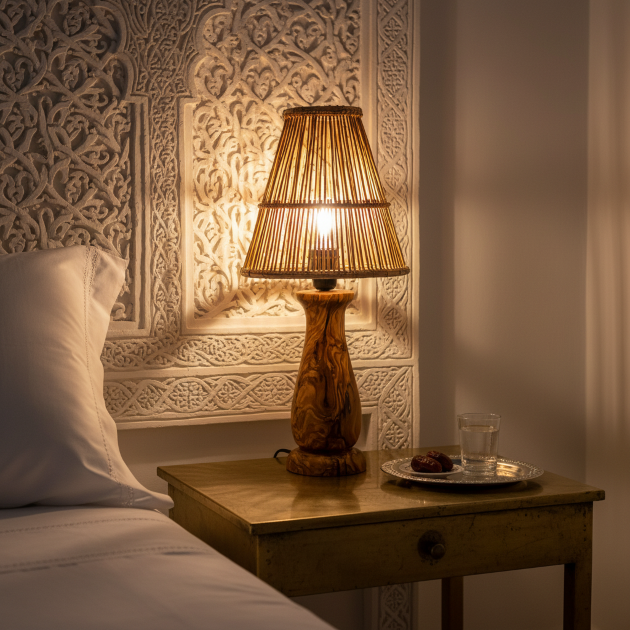 Lampe de Chevet Bois d'Olivier & Fibres de Palmier | Fiolla Home