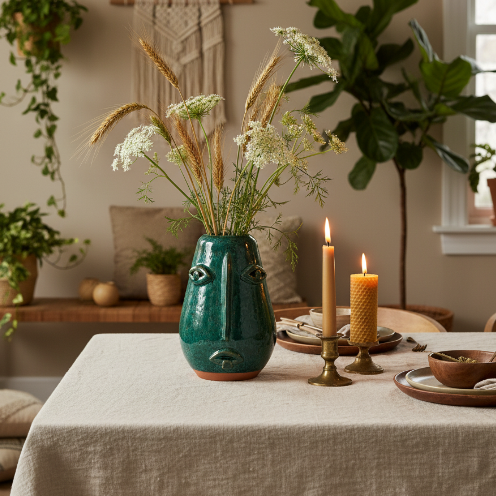 Vase Visage en Céramique Émaillée – Vert Émeraude, style tunisien