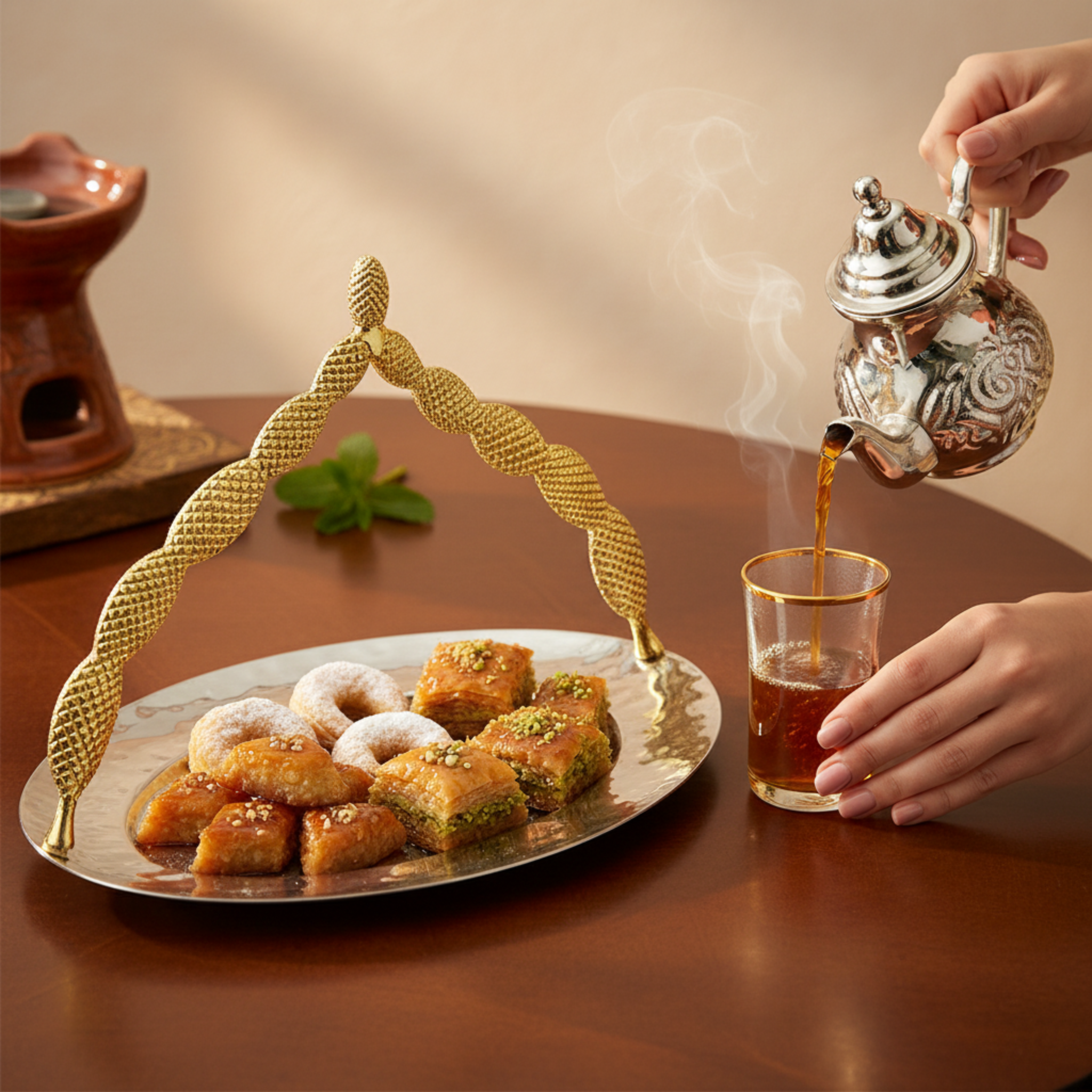 Plateau de Service Rond - Anse Cuivre Indien Doré & Inox Premium