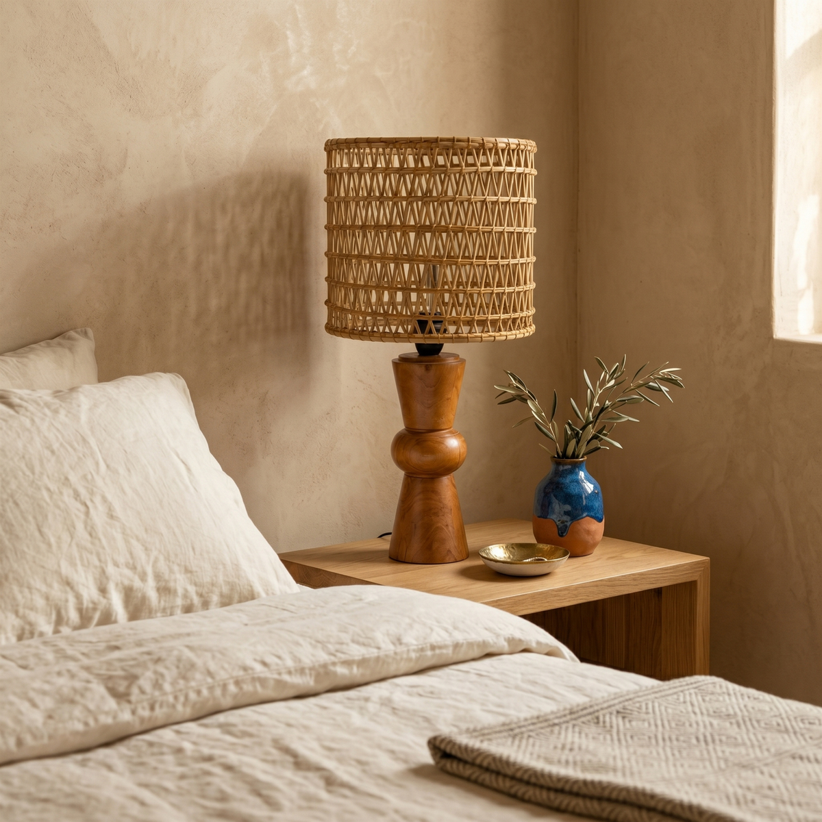 Lampe à Poser Bois d'Olivier Fibres de Palmier Tunisie | Fiolla Home