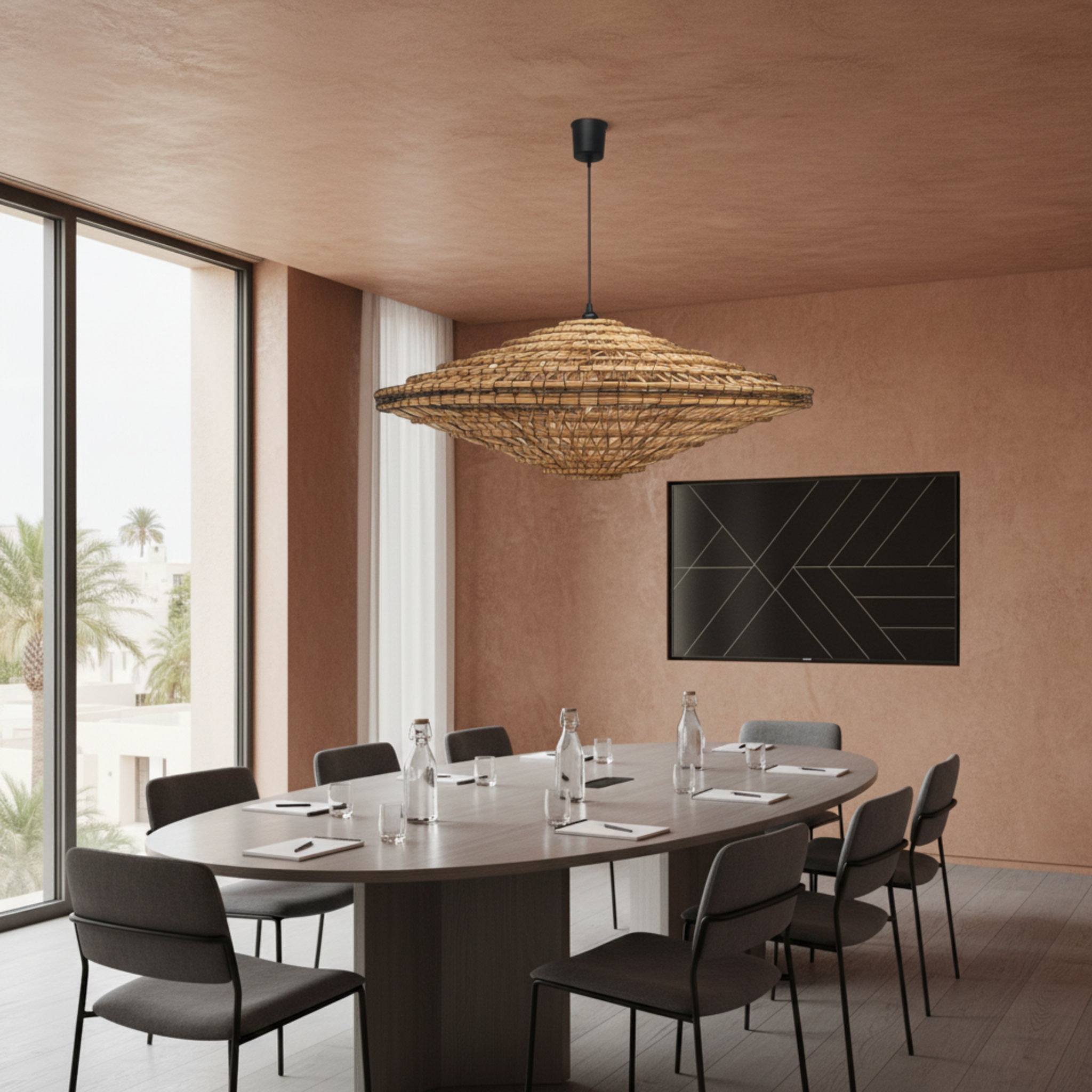 Lustre artisanal en fibres de dattes – Suspension bohème et naturelle