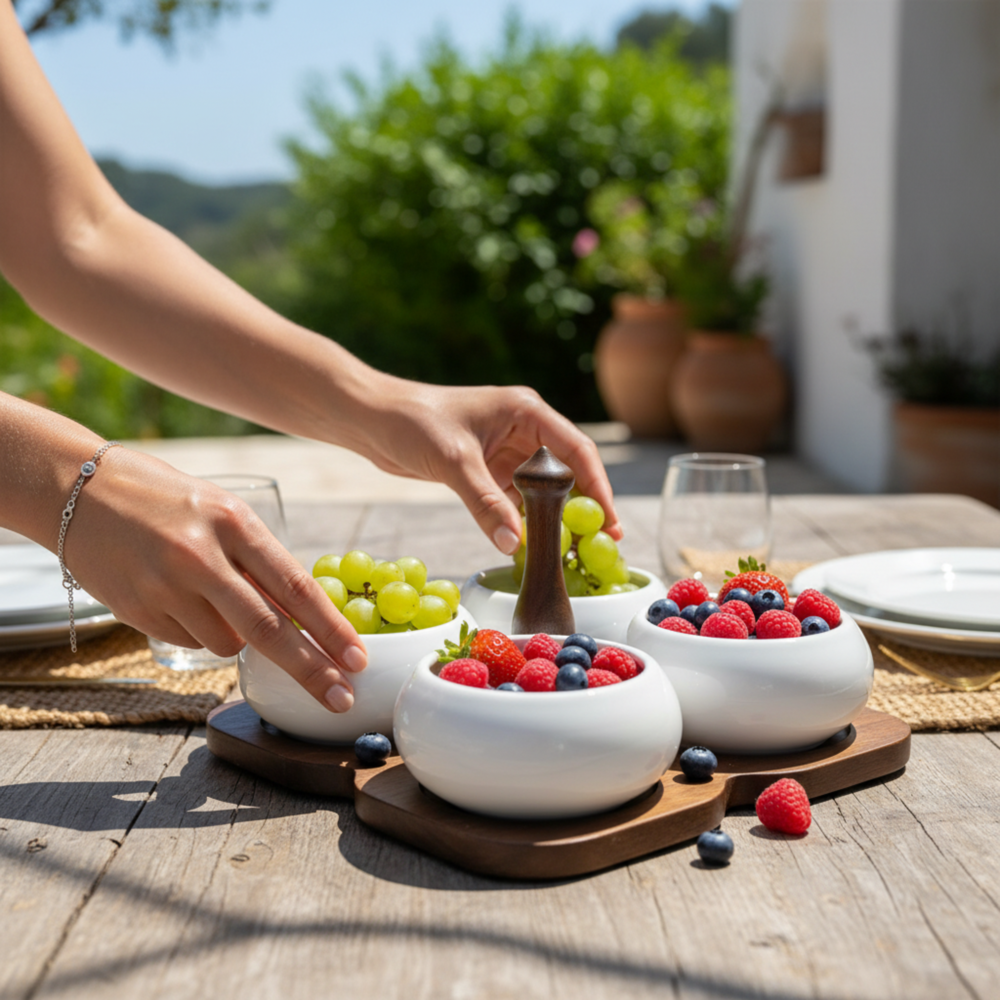 Service Apéritif 4 Bols Céramique & Plateau Bois – Design Élégant