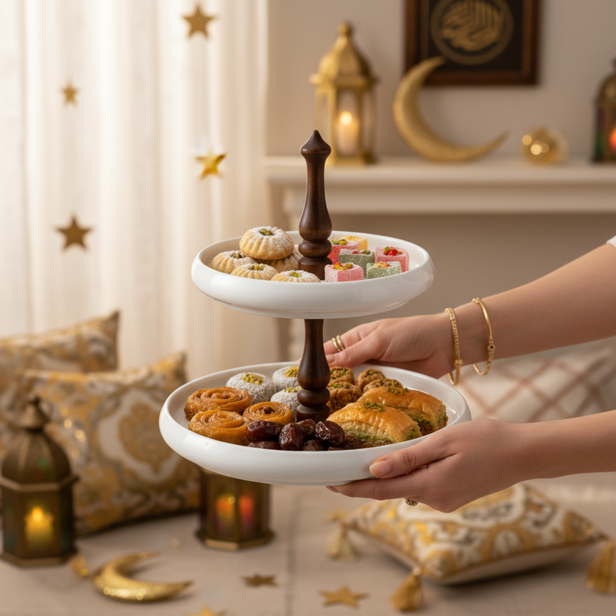 Serviteur 2 Étages Design en Céramique & Bois – Présentoir Chic