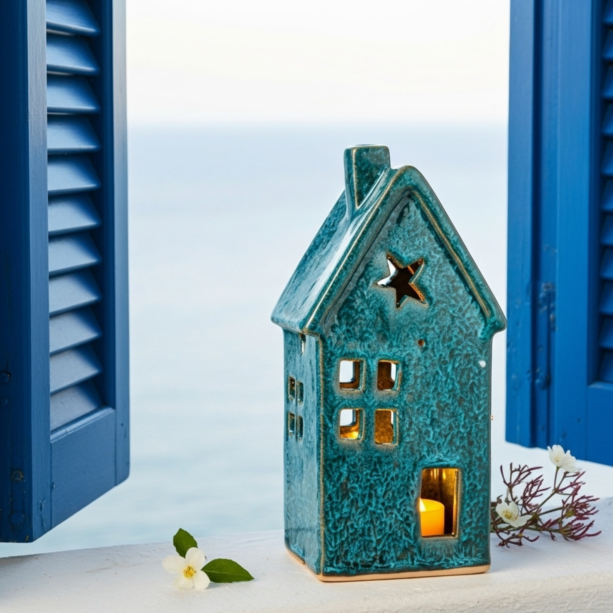 Cache-Bougie Maison en Céramique Turquoise – Fait Main en Tunisie