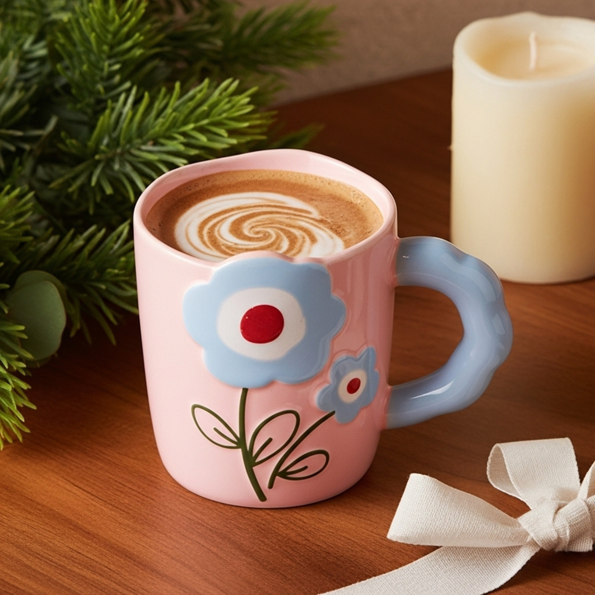 Mug rose motif fleurs – Idée cadeau café/thé Tunisie