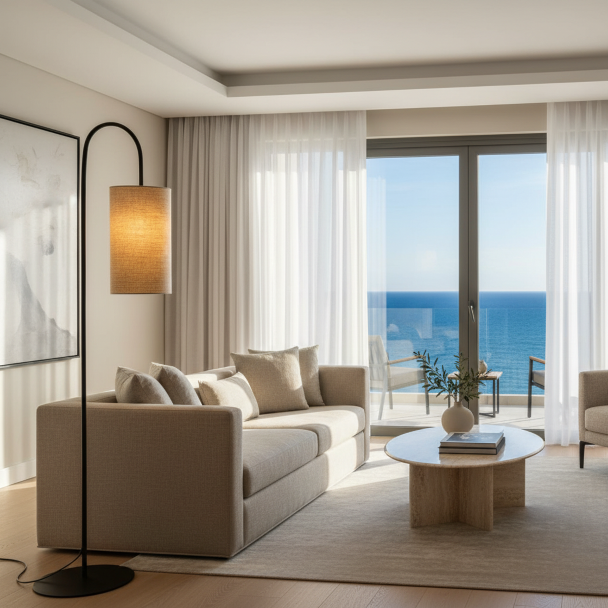 Lampadaire Arc Métal Noir Abat-Jour Lin Beige Design | Fiolla Home