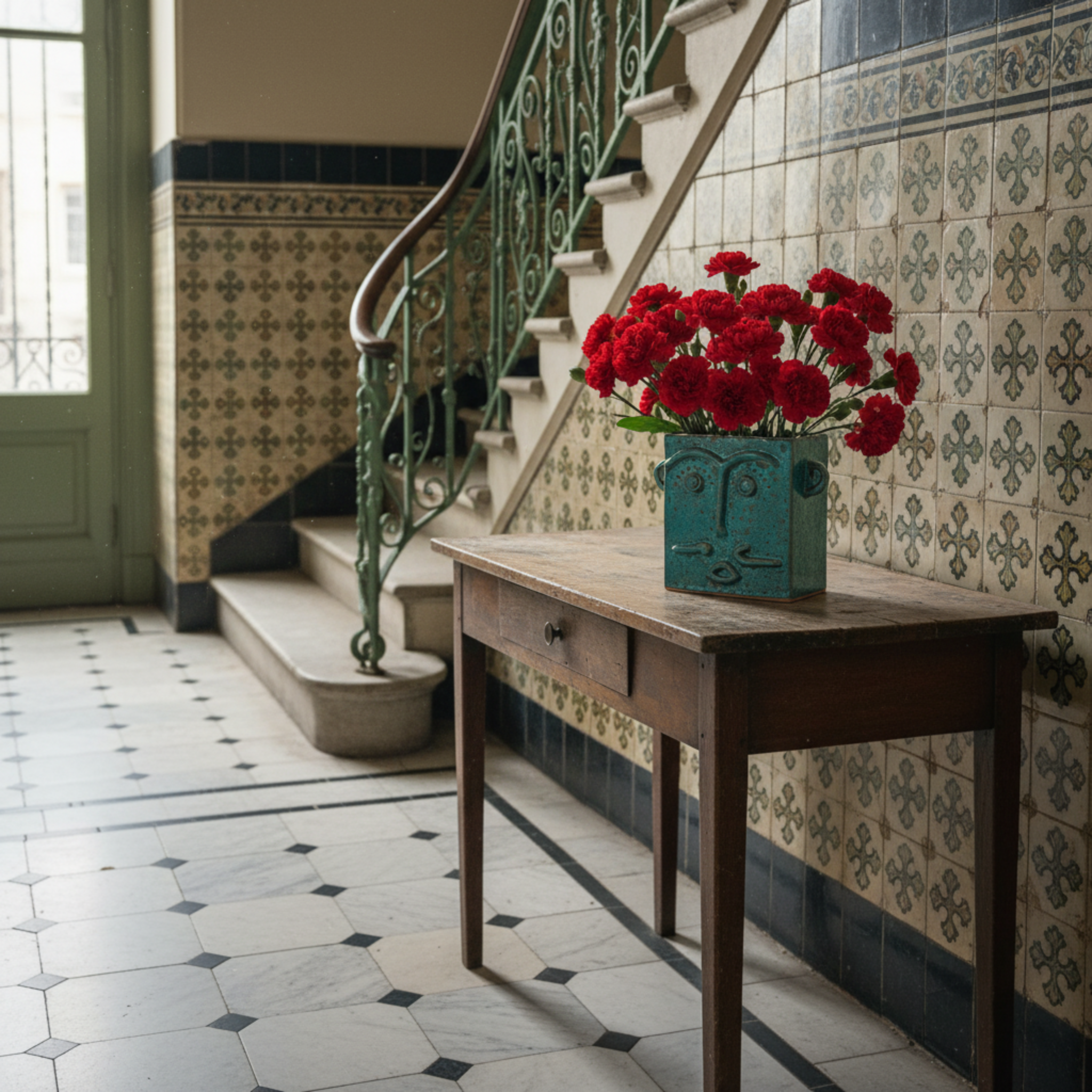 Vase Visage Carré en Céramique – Émail Émeraude Tunisien