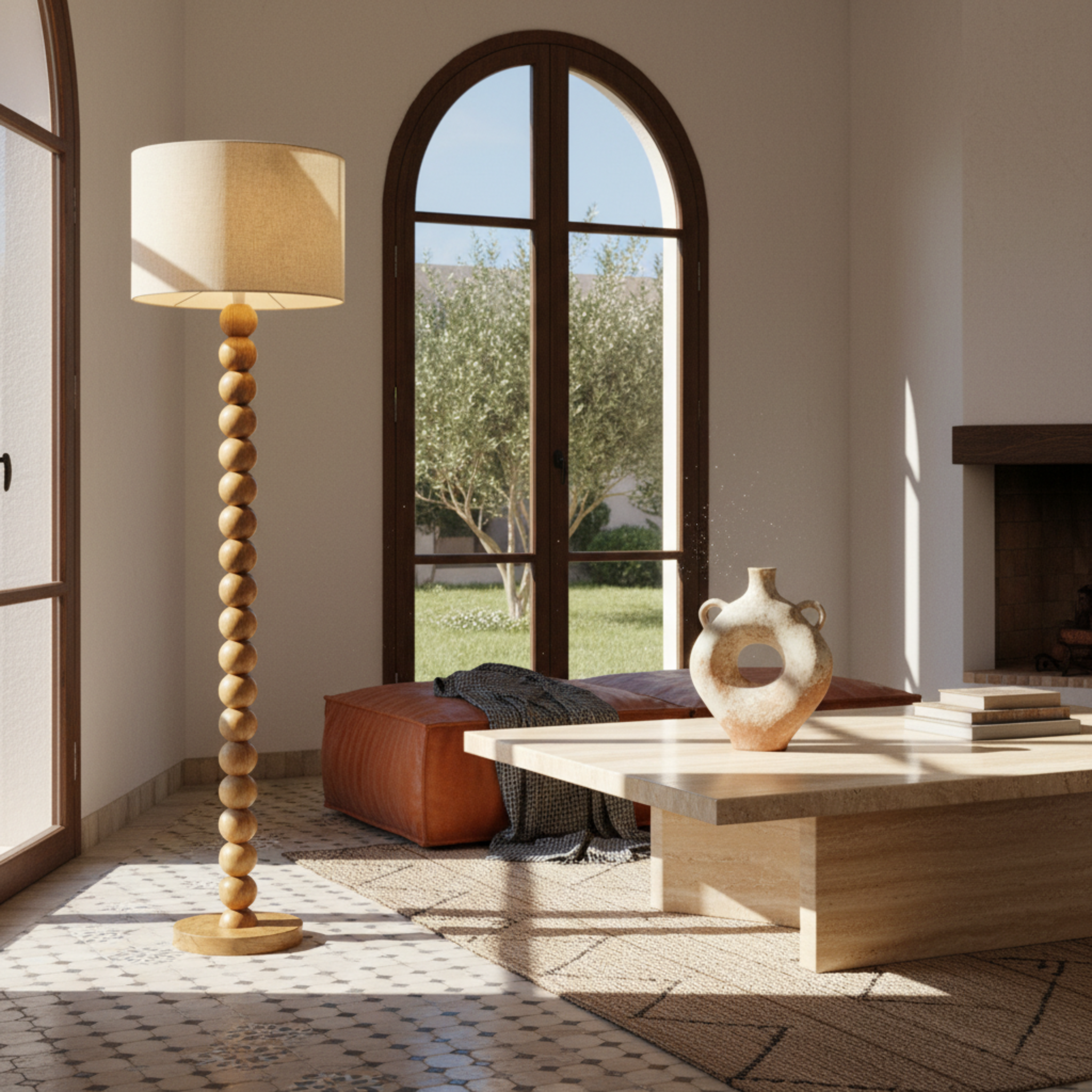 Lampadaire Artisanal en Bois Rouge – Sculpture Fait Main Luxe Tunisie