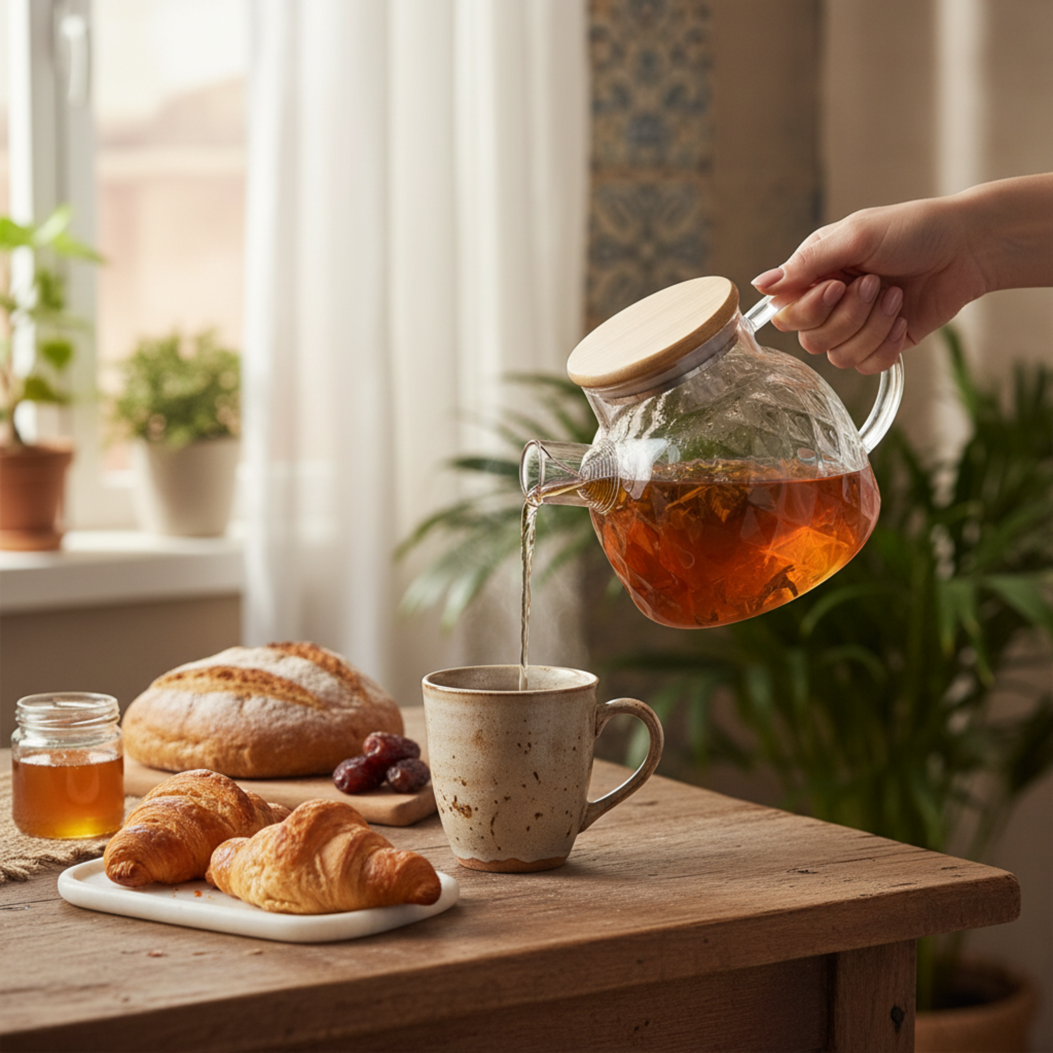 Théière en Verre Texturé & Couvercle Bambou – Design Élégant